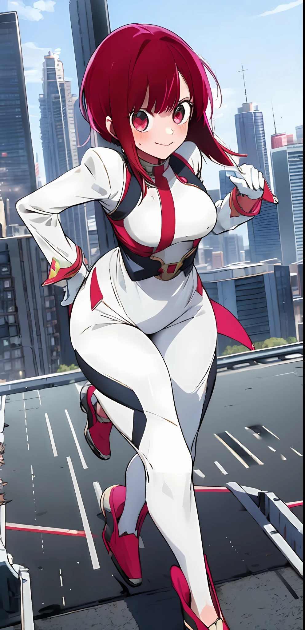 1girl, solo, my hero academia hero suit , bangs,happy,posing, multicolored hair, (masterpiece:1.2), highres, best quality, 8k, city background, red hero suit, white gloves, super hero tight suit