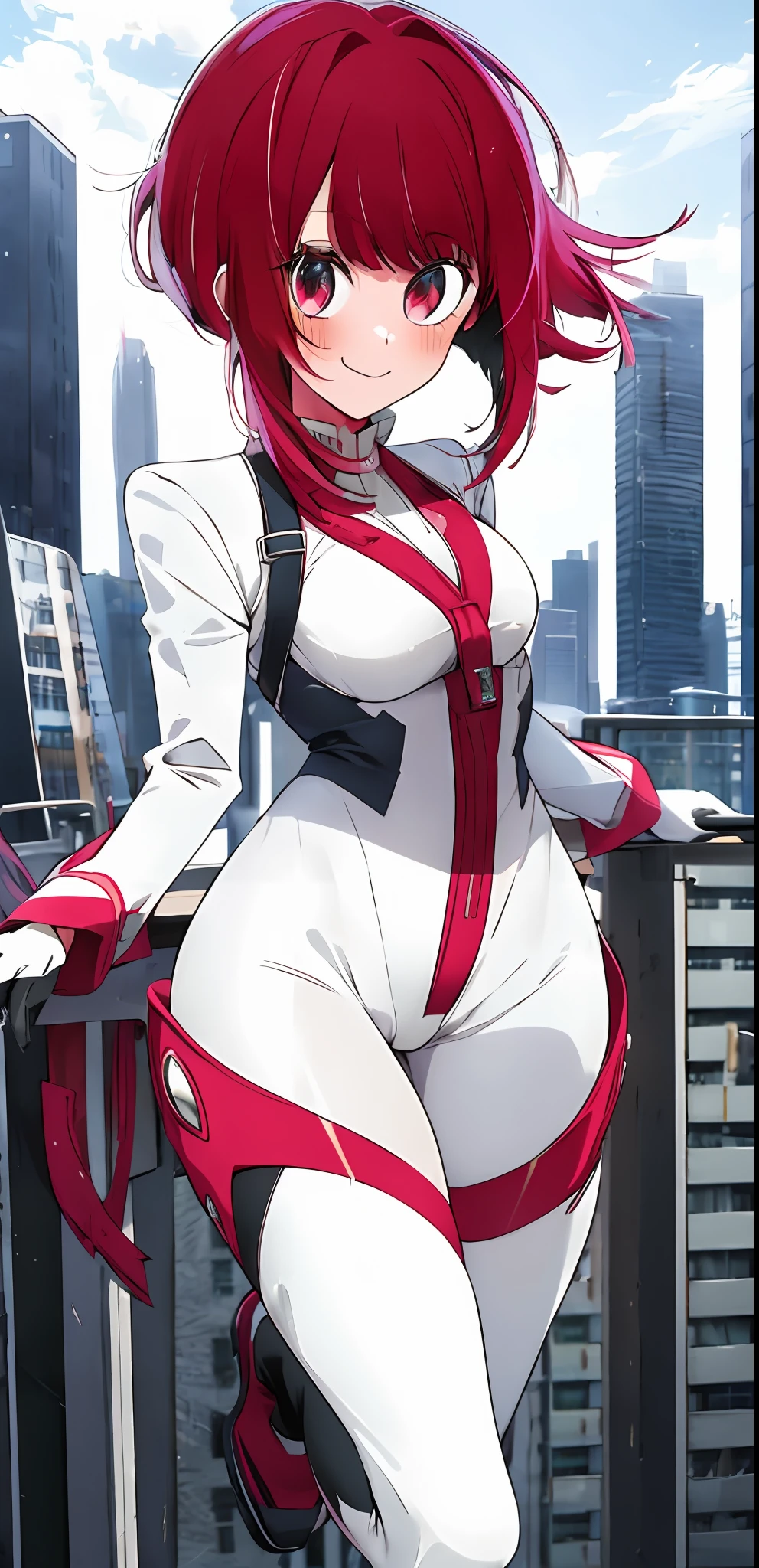 1girl, solo, my hero academia hero suit , bangs,happy,posing, multicolored hair, (masterpiece:1.2), highres, best quality, 8k, city background, red hero suit, white gloves, super hero tight suit