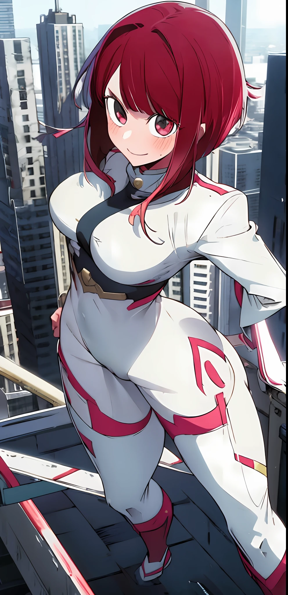 1girl, solo, my hero academia hero suit , bangs,happy,posing, multicolored hair, (masterpiece:1.2), highres, best quality, 8k, city background, red hero suit, white gloves, super hero tight suit