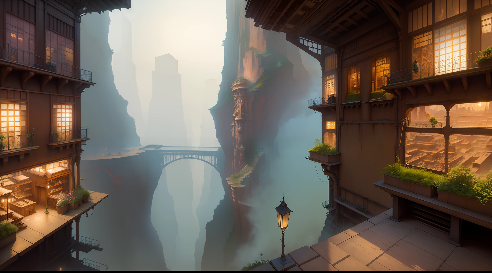 ((masterpiece)),((best quality)),((high detial)),((realistic,))
Industrial age city, deep canyons in the middle, architectural streets, bazaars, Bridges, rainy days, steampunk, European architecture