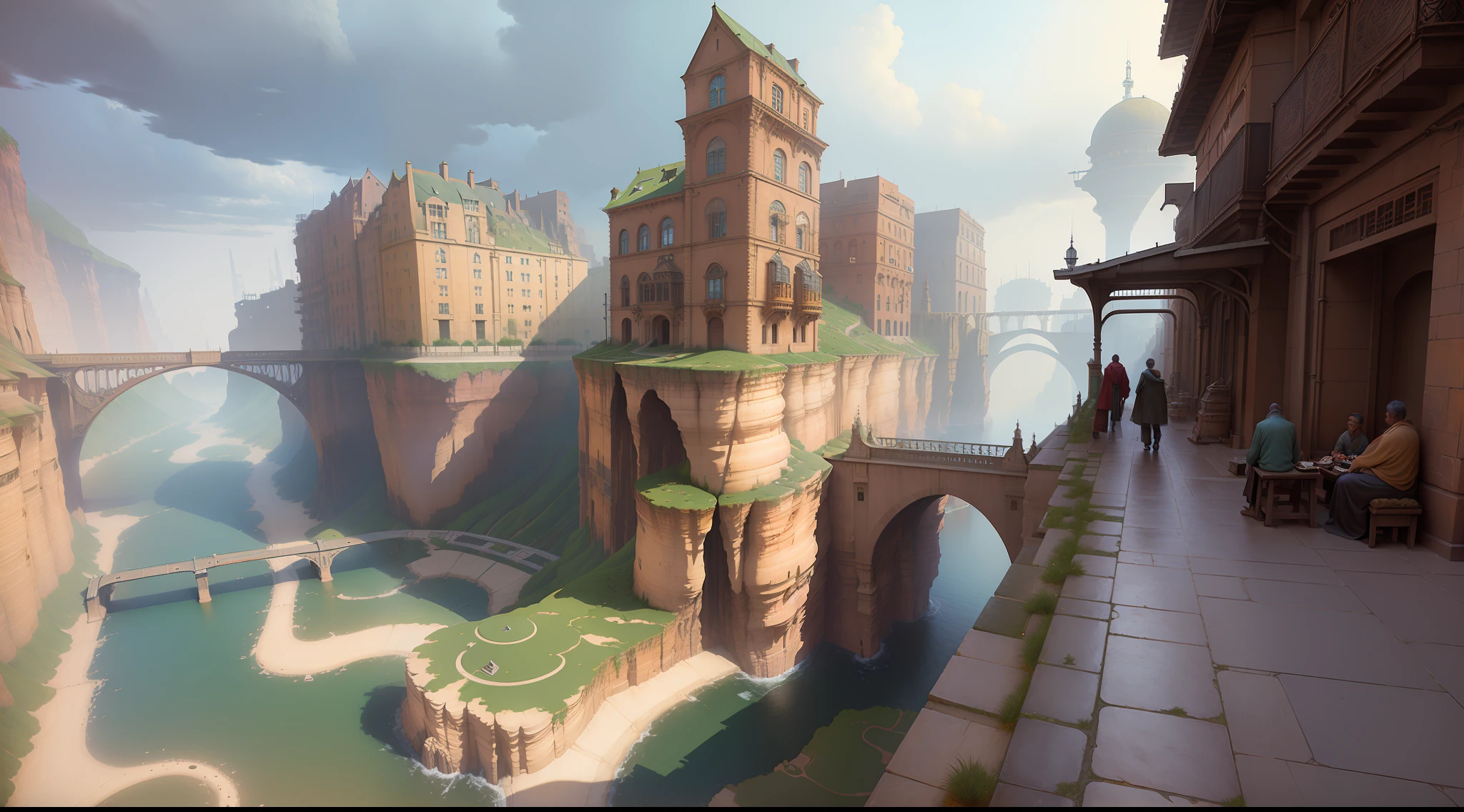((masterpiece)),((best quality)),((high detial)),((realistic,))
Industrial age city, deep canyons in the middle, architectural streets, bazaars, Bridges, rainy days, steampunk, European architecture