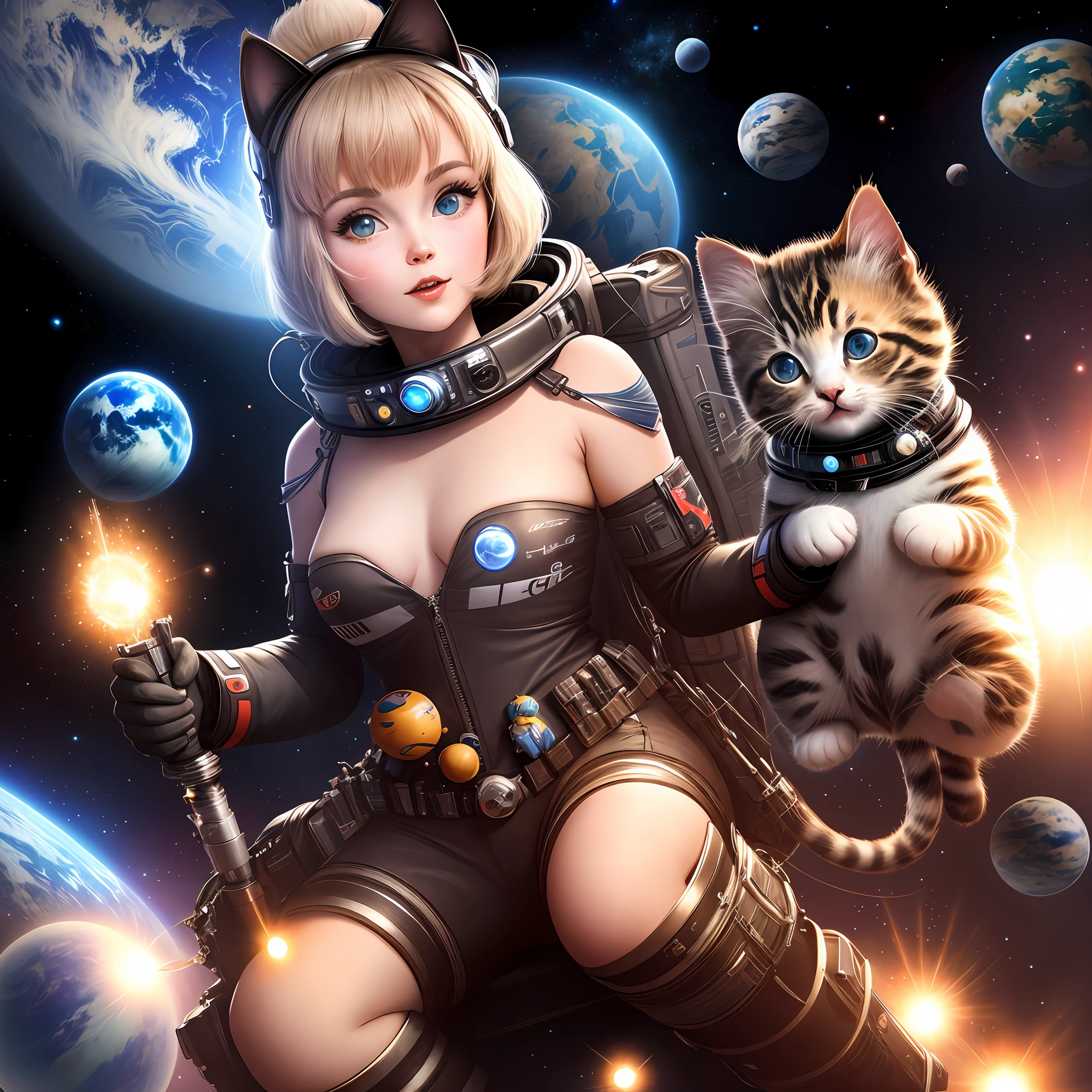 anime girl with cat and space suit in the background, attractive cat girl, portrait anime space cadet girl, kittens in outer space, space cat, artgerm jsc, cat girl, queen of the galaxy, planet of the cats, galaxy space hunter, devianart and cgsociety, artgerm julie bell beeple, furry fantasy art, cat in space