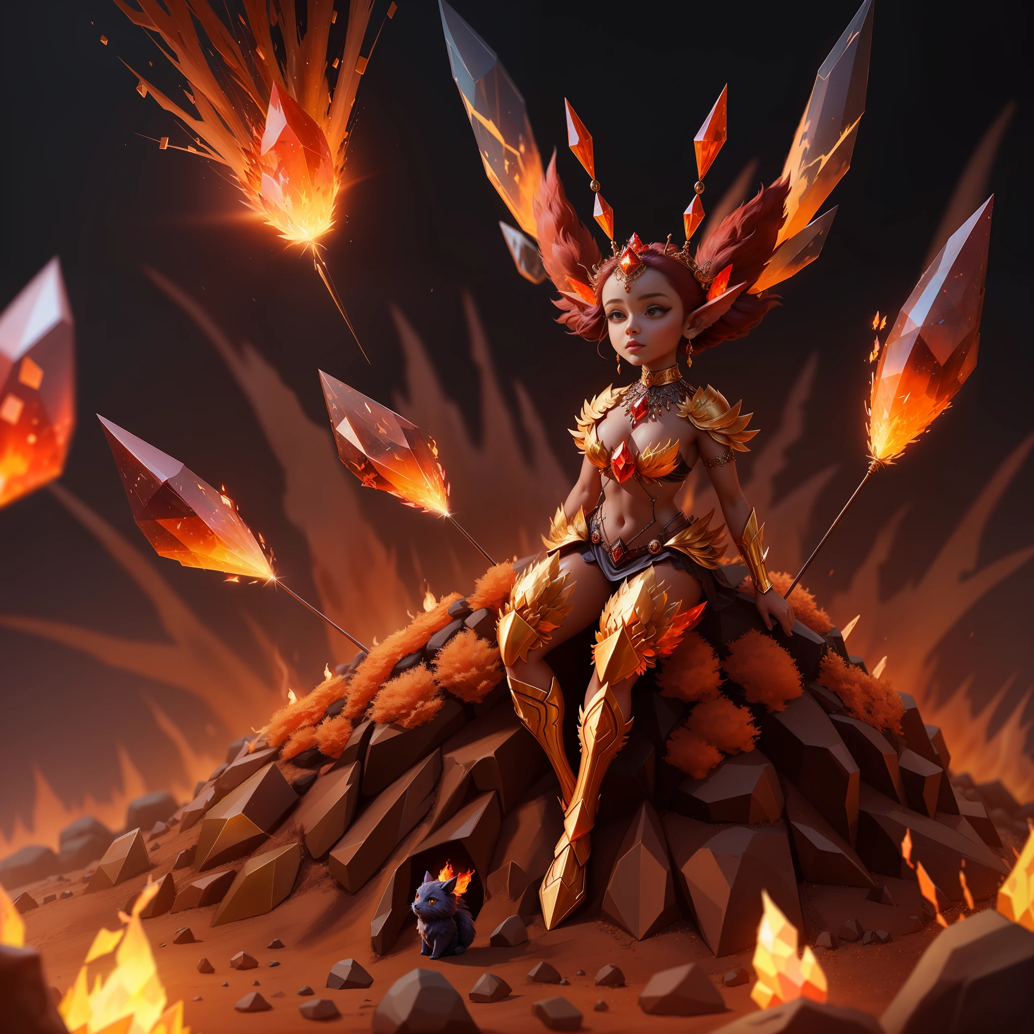 there is a very cute little creature sitting on a pile of rocks, lava and fire goddess, the butterfly goddess of fire, appears as the fire goddess, the fire queen, on a throne of crystals, fire elemental, fantasy art behance, goddess of fire, epic fantasy digital art style, fire goddess, she has fire powers, infernal nymph!!!