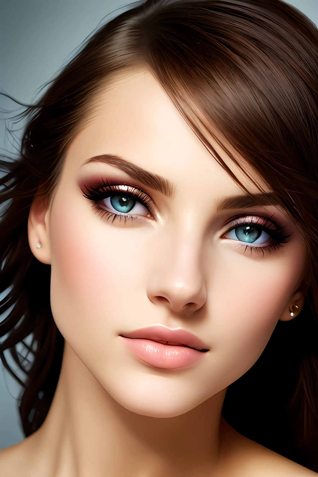 Extreme close-up. Piercing gaze. Full lips. Face of gorgeous woman. Contrast of light and dark. Dynamic angle. Studio. f/11