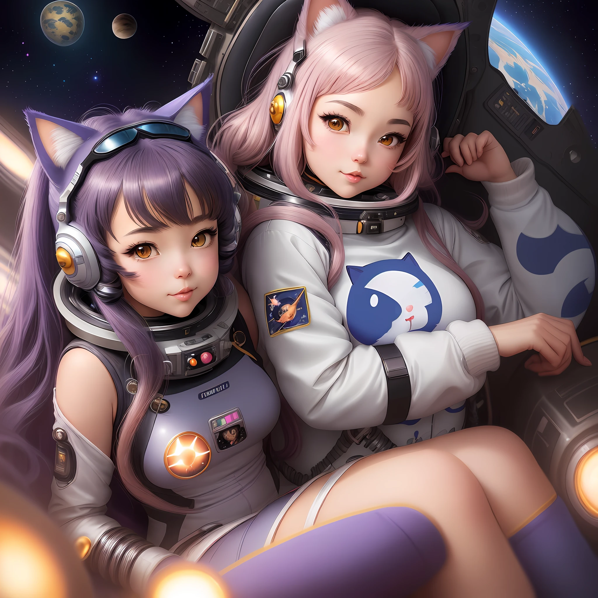 anime girl with cat and space suit in the background, attractive cat girl, portrait anime space cadet girl, kittens in outer space, space cat, artgerm jsc, cat girl, queen of the galaxy, planet of the cats, galaxy space hunter, devianart and cgsociety, artgerm julie bell beeple, furry fantasy art, cat in space