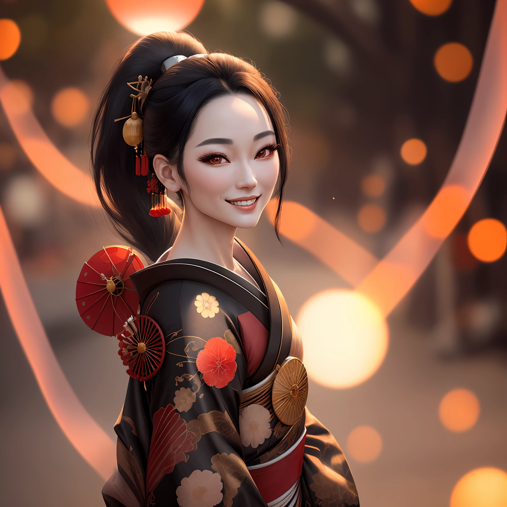 4k, photo, realistic, 1 Geisha, (full body), (looking at camera: 1.6), pale skin, (black hair), (detailed eyes: 1.3), (ponytail), (smile: 1), sunset, lens flare, depth of field