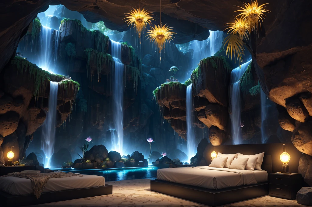 incredible luxurious futuristic bedroom interior in Ancient Egyptian style with many lush plants (lotus flowers:1.5, palm trees:1.4, rocky walls, sand:1.5, waterfalls:1.5) marble, precious minerals: 2, metals, gemstones, crystals, clouds and water:2, crocodiles, hieroglyphics: 1.5, ultra luxury:2, black marble – with beautiful lights:1.5, Unreal Engine, HQ, 16k