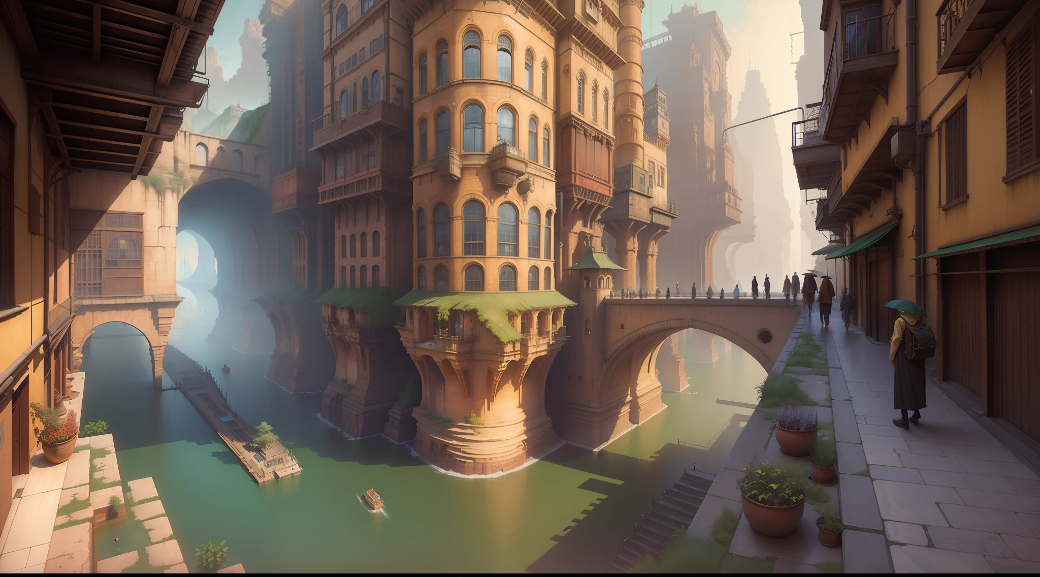 ((masterpiece)),((best quality)),((high detial)),((realistic,)), Industrial age city, deep canyons in the middle, architectural streets, bazaars, Bridges, rainy days, steampunk, European architecture, evening, deeply detailed