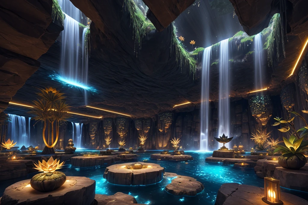 incredible luxurious futuristic interior in Ancient Egyptian style with many lush plants (lotus flowers:1.5, palm trees:1.4, rocky walls, sand:1.5, waterfalls:1.5) marble, precious minerals: 2, metals, gemstones, crystals, clouds and water:2, ((luxury furniture)), crocodiles, hieroglyphics: 1.5, ultra luxury:2, black marble – with beautiful lights:1.5, Unreal Engine, HQ, 16k