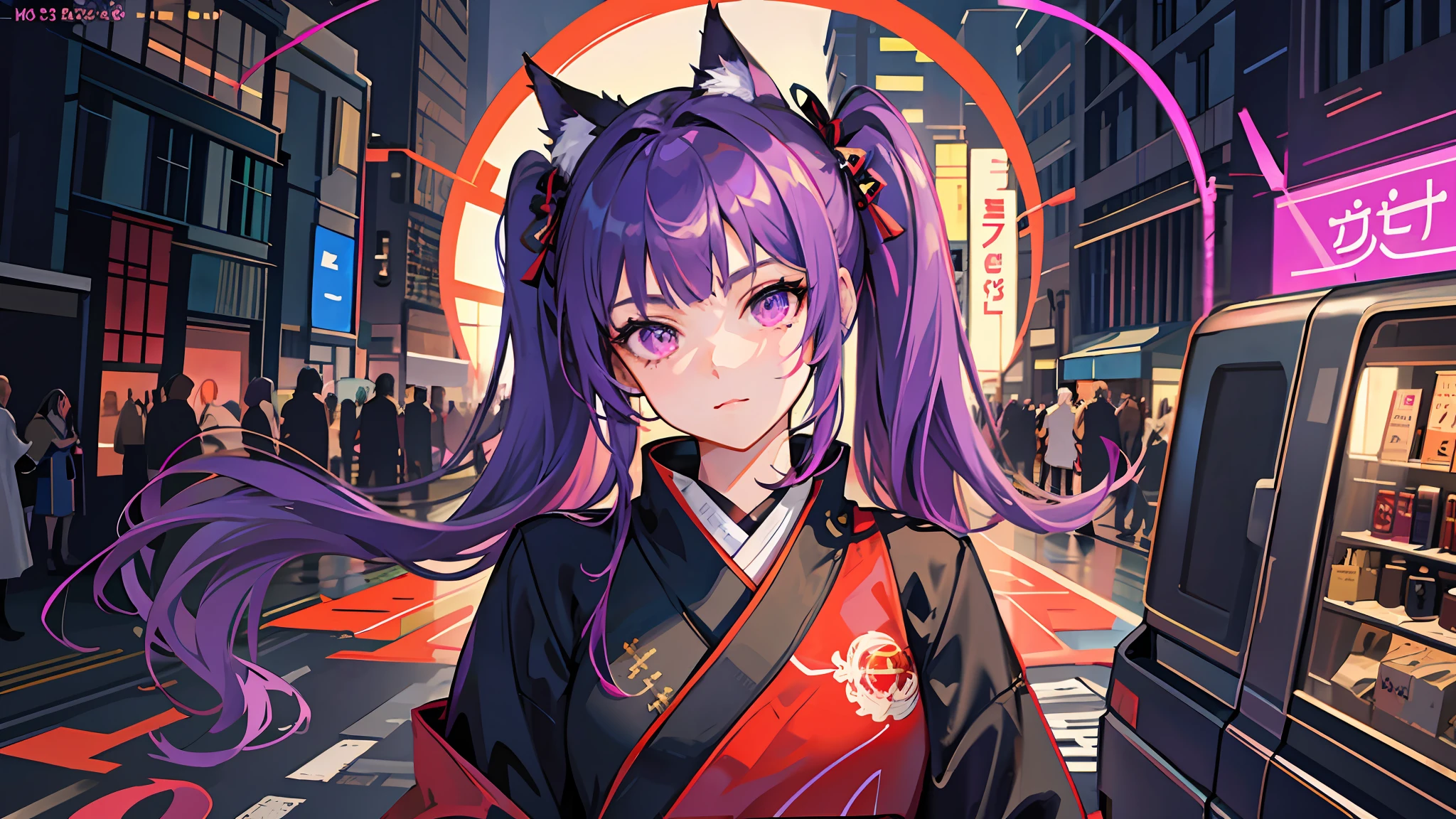 masterpiece, best quality, ultra-detailed, illustration,(1girl),beautiful detailed eyes, purple hair,cat ears, twintails, masterpiece, best quality, ultra-detailed, (beautiful detailed face: 1.3), detailed background, high quality, extremely detailed, masterpiece, best quality, ultra detailed, (beautiful detailed face: 1.3), detailed background, high quality, extremely detailed, 1girl, purple_hair, red_eyes, pants, boots, chain, coat, kimono, flaming_eye, flat_chest, brilliant, jacket, mailbox, long_hair, solo, twintails