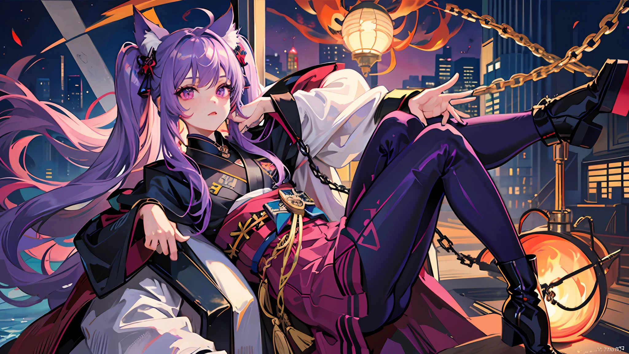 masterpiece, best quality, ultra-detailed, illustration,(1girl),beautiful detailed eyes, purple hair,cat ears, twintails, masterpiece, best quality, ultra-detailed, (beautiful detailed face: 1.3), detailed background, high quality, extremely detailed, masterpiece, best quality, ultra detailed, (beautiful detailed face: 1.3), detailed background, high quality, extremely detailed, 1girl, purple_hair, red_eyes, pants, boots, chain, coat, kimono, flaming_eye, flat_chest, brilliant, jacket, mailbox, long_hair, solo, twintails