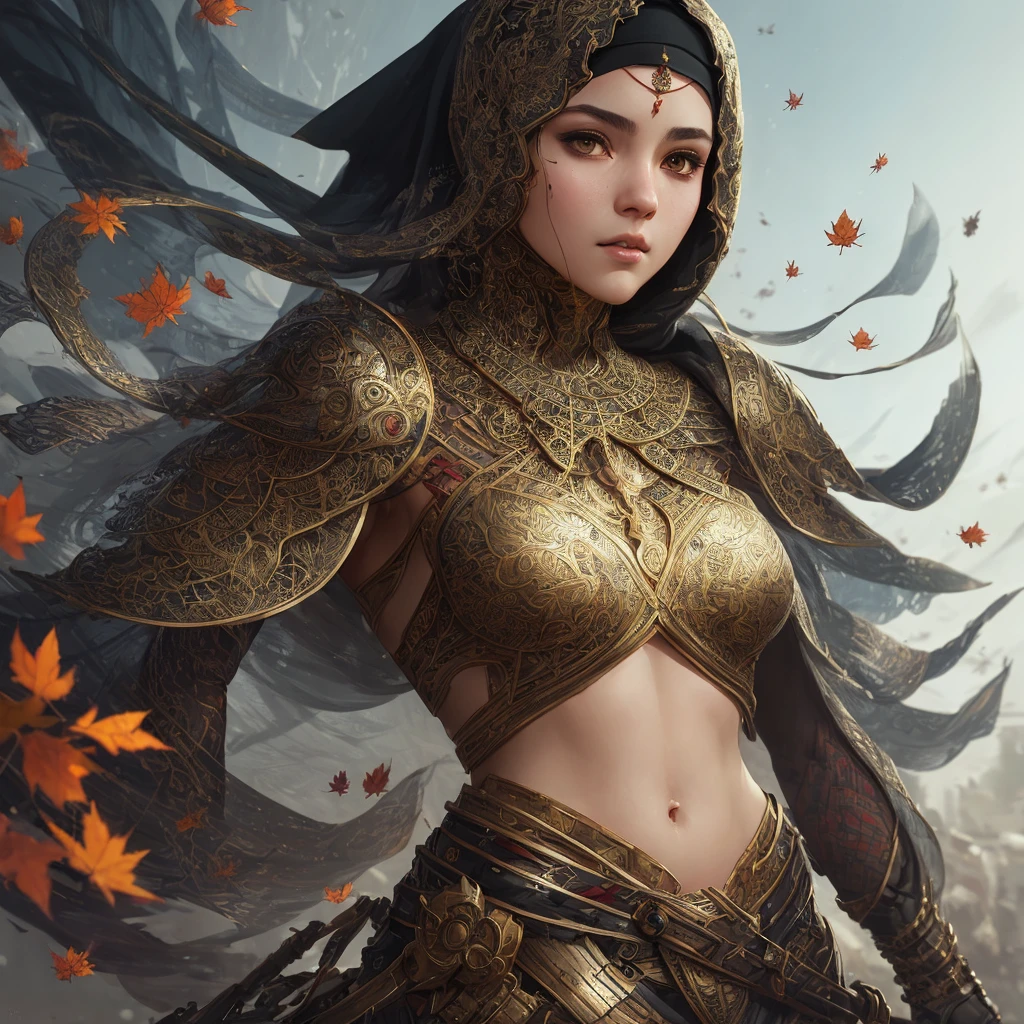 full body, digital illustration, Arab, hijab, comic style, perfect anatomy, centered, approaching perfection, dynamic, highly detailed, artstation, concept art, smooth, sharp focus, illustration, art by Carne Griffiths and Wadim Kashin, trending on artstation, studio photo, intricate details, asian style, fantasy style, autumn background, trending on artstation, sharp focus, studio photo, intricate details, highly detailed, by greg rutkowski