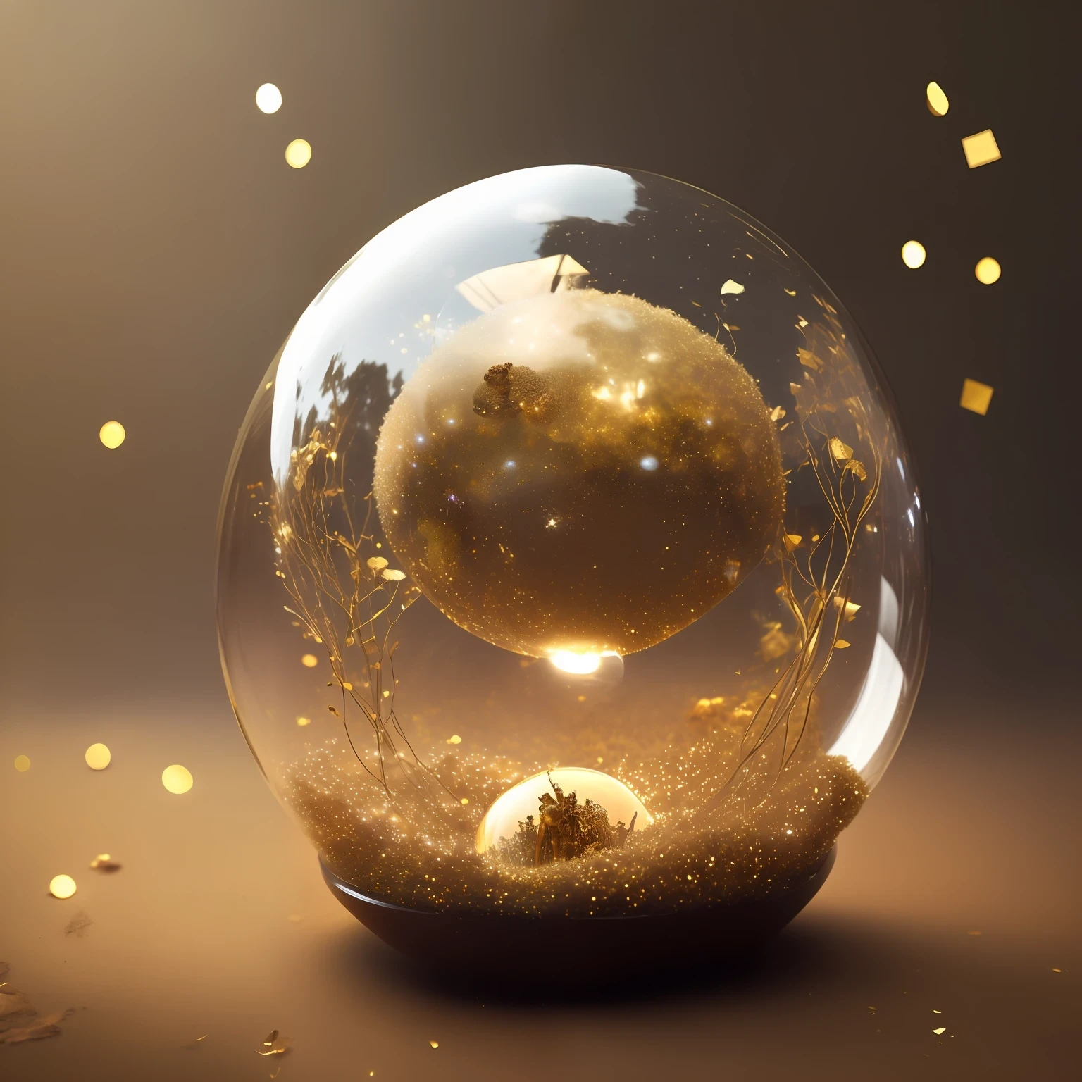 glass sphere with an anthill, with golden confetti, magic lights and a mystic fog
