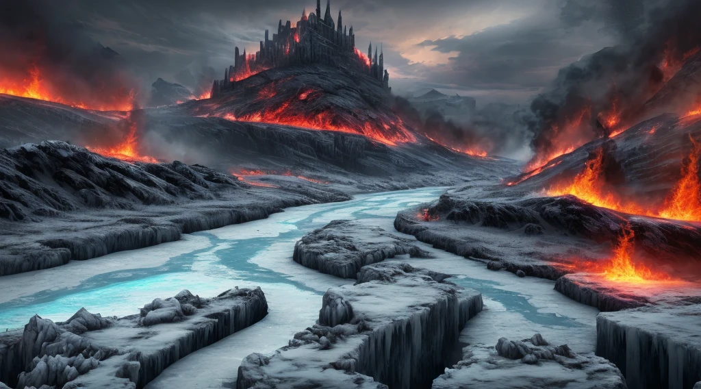 Make a scenario where half and hell of Greek mythology (fire) and the other half Norse mythology (ice) that is divided by a river, 8k, 3d, realistic, (vivid colors) sinister scenery, heavy, epic, dark, macabre