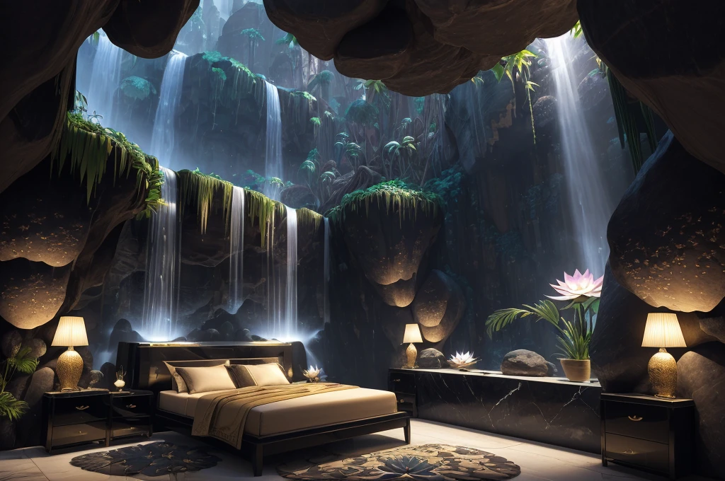 incredible luxurious futuristic bedroom interior in Ancient Egyptian style with many lush plants (lotus flowers:1.5, palm trees:1.4, rocky walls, sand:1.5, waterfalls:1.5) marble, precious minerals: 2, metals, gemstones, crystals, clouds and water:2, ((luxury furniture)), crocodiles, hieroglyphics: 1.5, ultra luxury:2, black marble – with beautiful lights:1.5, Unreal Engine, HQ, 16k