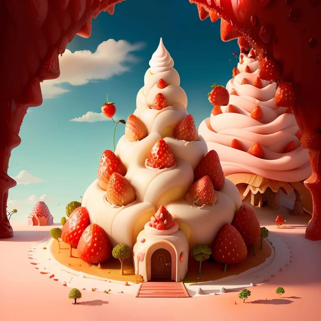 anthill with cute upside down dripping strawberry ice cream cone with cherry with an entrance for ants