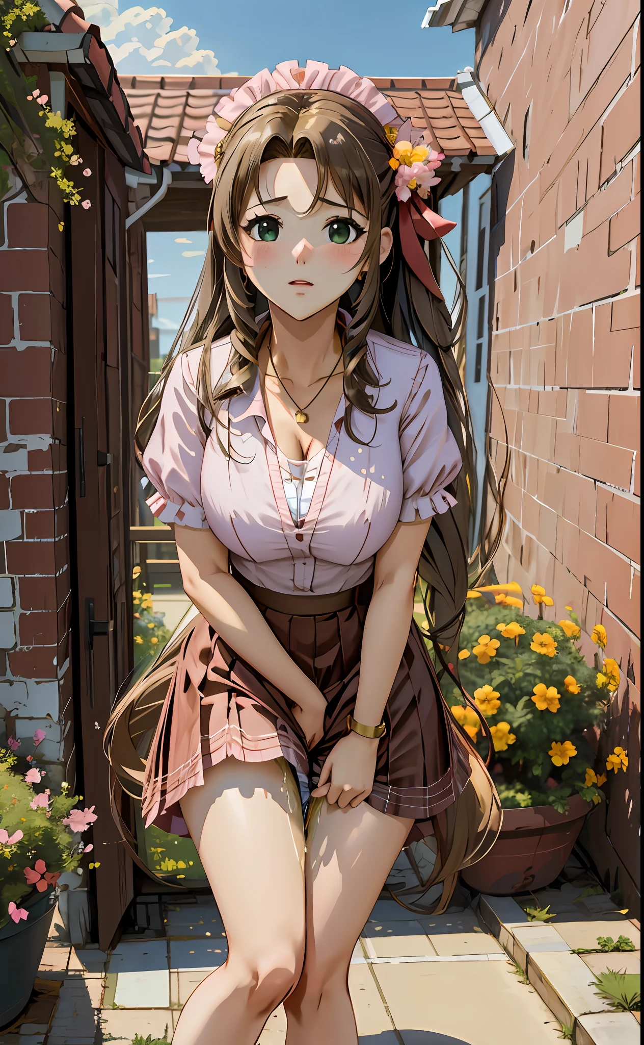 a3r1th, aerith multi view upper body, upskirt panties view, legs together, a3r1th, peeing, peeing herself, perfect female figure, Aerith Gainsborough, holding small flower basket, green eyes, surrounded by other people, indoors, classroom, sunny, choker, school uniform, hair bow, bracelet, schoolgirl skirt, ta shoes, pantyhose, looking down nervously, shy, embarrassed, aroused, shocked, panicking, worried, outdoors, very desperate to pee, urination, legs crossed, rape face, full-face blush, high detail, Realism, Hyperrealism, multiple views, from below, wide shot, ccurate, masterpiece, highres, UHD, anatomically correct, super detail, best quality, highres, 8k