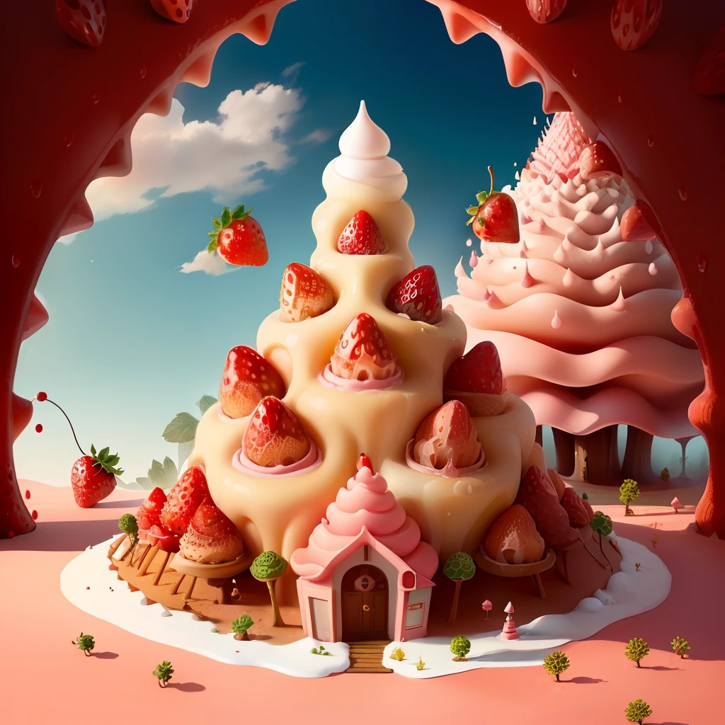 anthill with cute upside down dripping strawberry ice cream cone with cherry with an entrance for ants