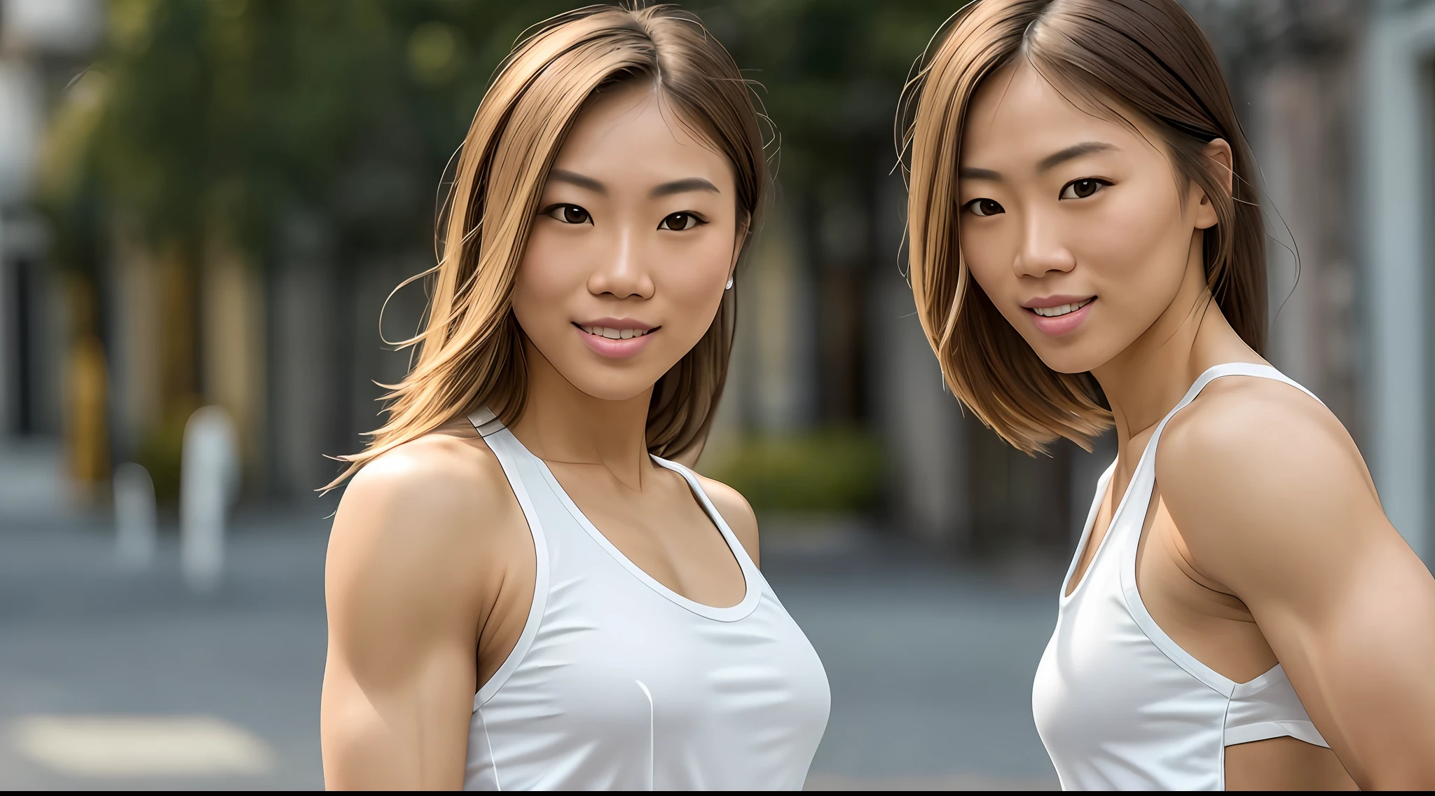 leica_style,masterpiece, best quality,super detailed, high resolution, very detailed, 8k uhd, (Skin Wrinkles: 0.9), (fidelity, fidelity: 1.5), (high detailed skin:0.9), (visible pores:0.6),Clearly visible pores, real skin texture, ((a young Asian woman,blond hair, solo,bodybuilder physique, wearing white top)), street,night, ((detailed face)),(freckles:0.8), (naughty smile:1.1), (focus on the eyes), (natural light), amazing, photon mapping, radiosity, amazing physically based rendering, fine detail, best, high quality , RAW Photo, (Bokeh: 1.2), Realistic, (Depth of Field: 0.5), Bokeh Background, (Detail Clothing Features), real skin,(dynamic pose: 0.6), (skindentation), (((outdoors))),pureerosface_v1