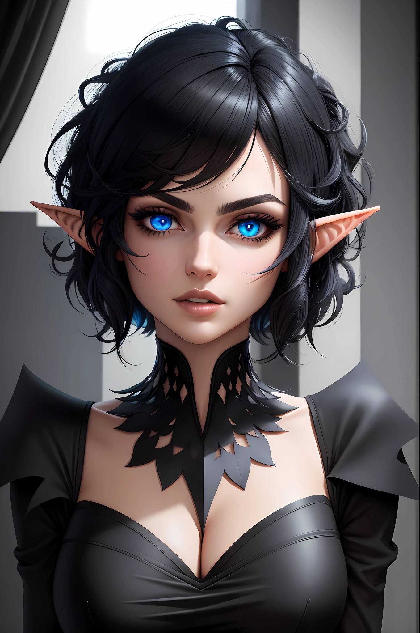 (headshot) (((Masterpiece))), best quality, ultra-detailed CG unity 8k wallpaper, short messy black hair, elf ears, blue eyes, black dress
