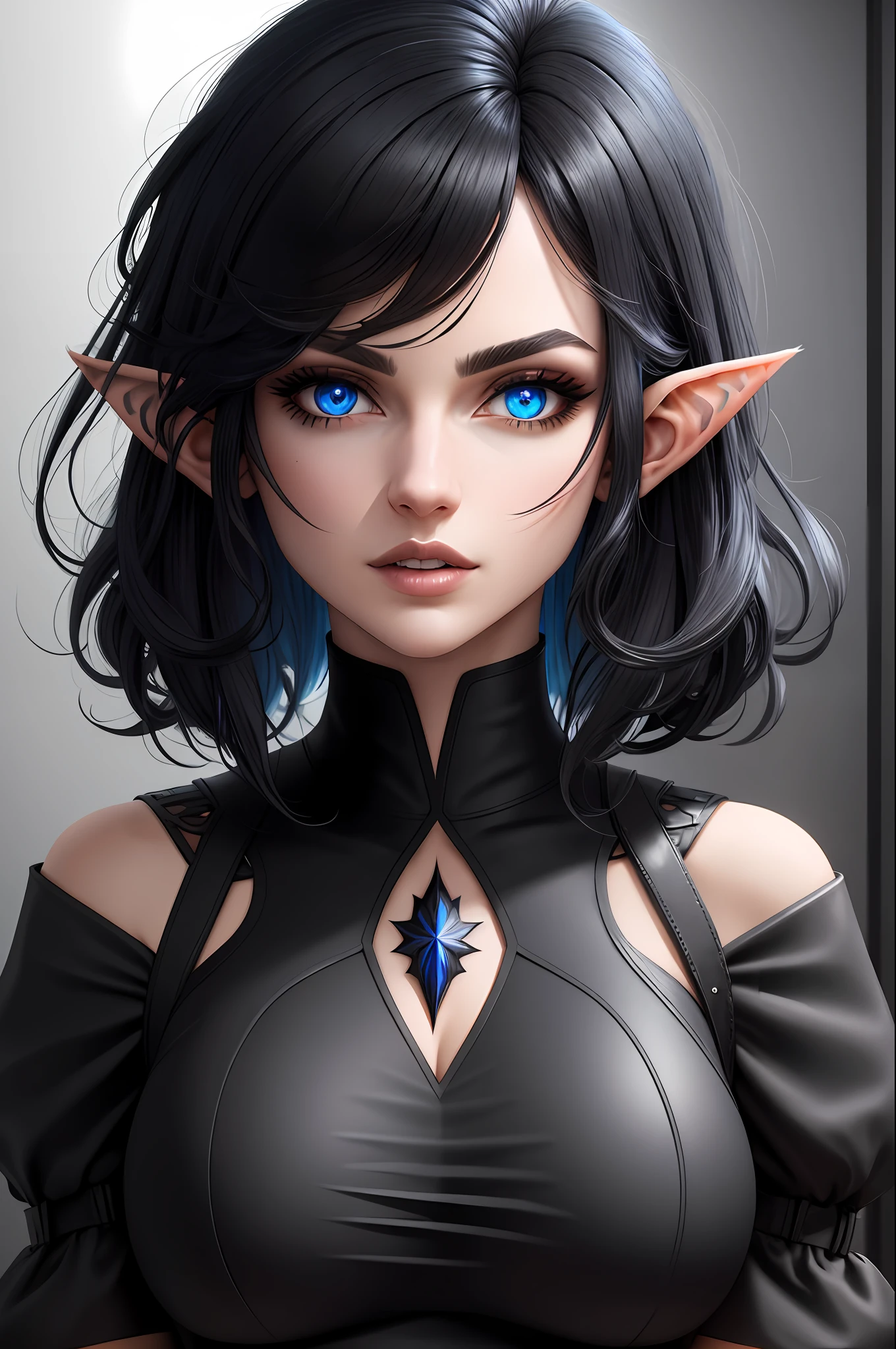 (headshot) (((Masterpiece))), best quality, ultra-detailed CG unity 8k wallpaper, short messy black hair, elf ears, blue eyes, black dress