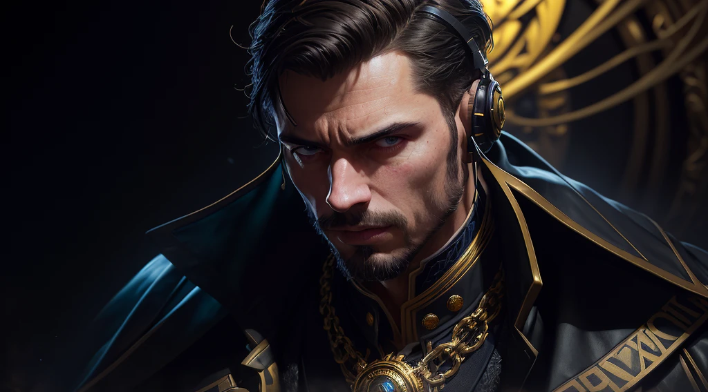 (dark theme:0.9), portrait of a man sharp features, yellow rapper-style headphones, dark, cold look, dark colors, volumetric lighting, baroque oil painting by Greg Rutkowski, Artgerm, WLOP, Alphonse Mucha intricately detailed hyperdetailed dynamic lighting, (hdr:1.22), soft colors, complex background, hyperrealism, hyperdetailed, amandine van ray