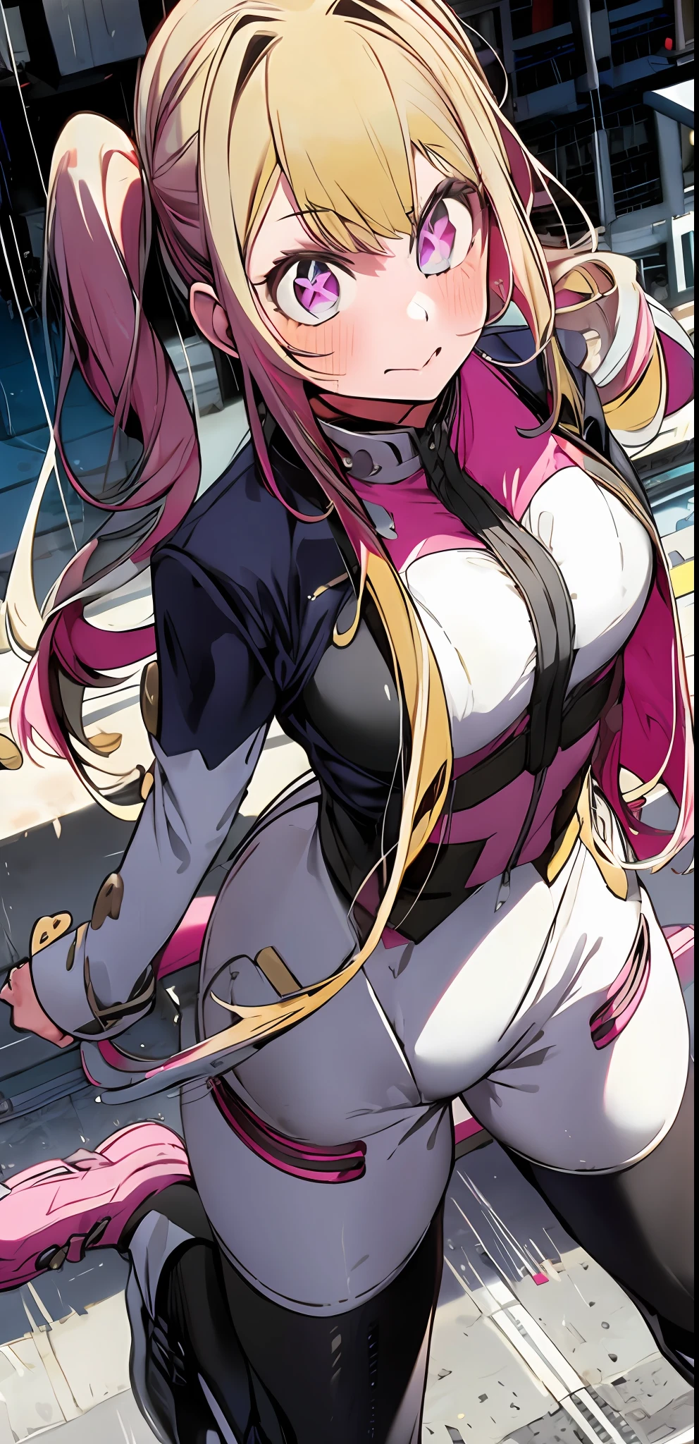 1girl, solo, my hero academia hero suit , bangs,happy,posing, multicolored hair, (masterpiece:1.2), highres, best quality, 8k, rainy city background, pink hero suit, white gloves, super hero tight suit, star-shaped pupils in left eye, blonde hair, long hair, pink eyes, blonde, bangs, posing, multicolored hair, serious