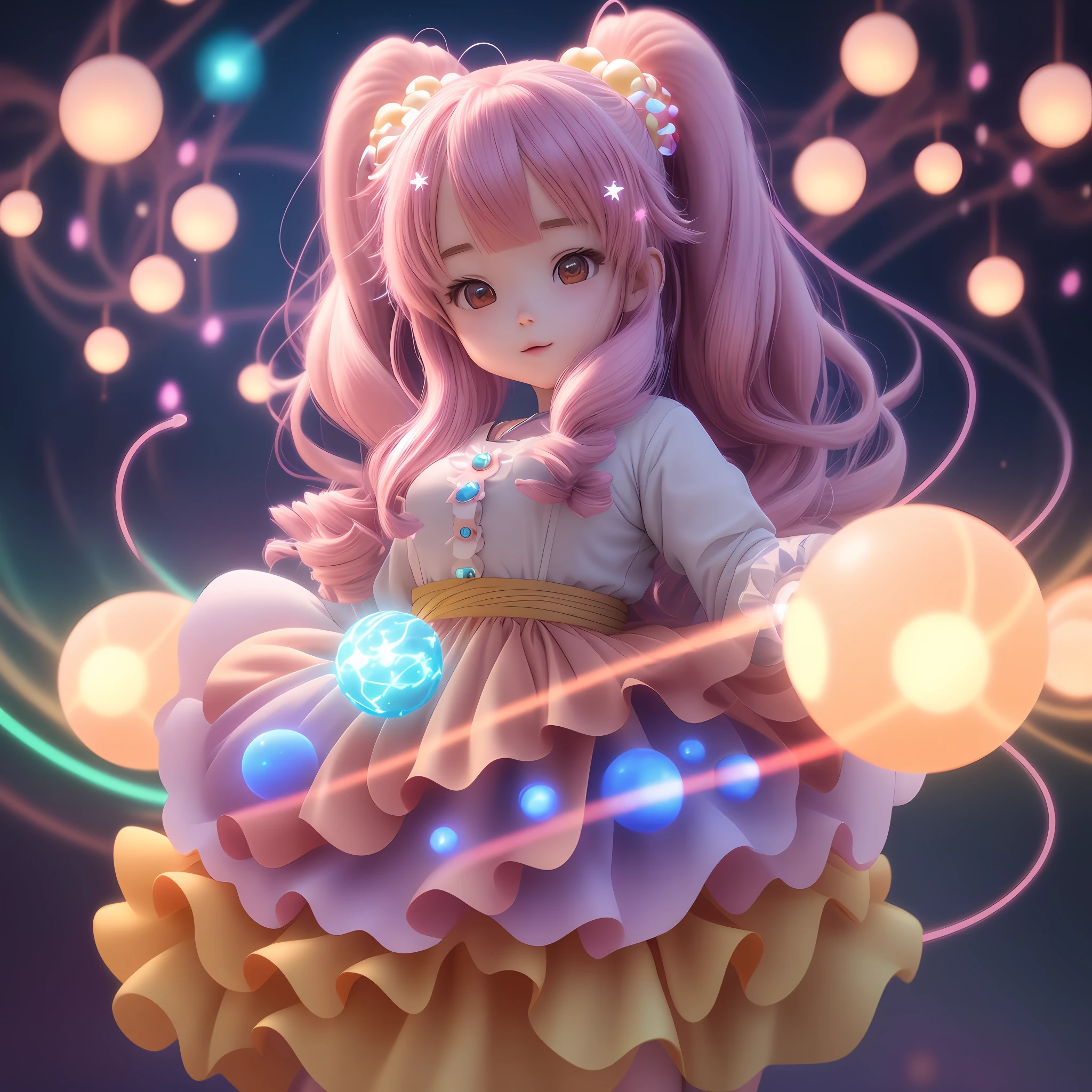 anime girl with a bunch of glowing balls in her hands, anime girl with cosmic hair, little girl with magical powers, connected with glowing tubes 8 k, anime girl of the future, render of a cute 3d anime girl, anime styled 3d, anime styled digital art, advanced anime digital art, magical particles, digital anime art, 3d anime girl