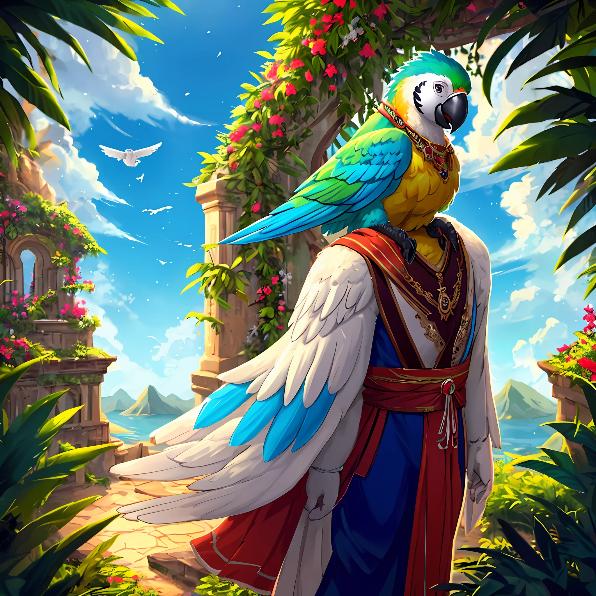 Humanoid character, parrot head and human body, tall, feathered covered body, angelic scenery, vivid colors, 8k quality, cinematic focus