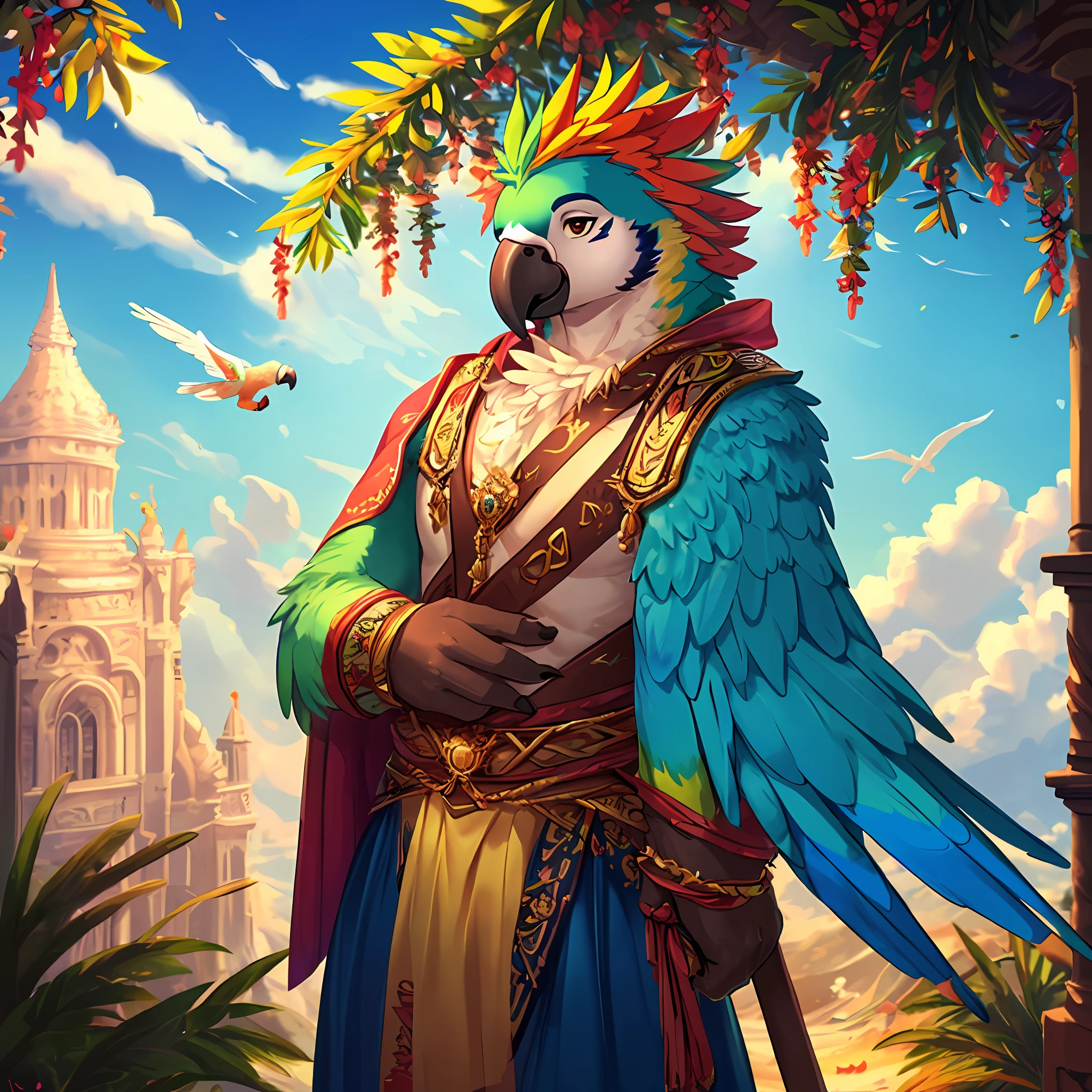 Humanoid character, parrot head and human body, tall, feathered covered body, angelic scenery, vivid colors, 8k quality, cinematic focus