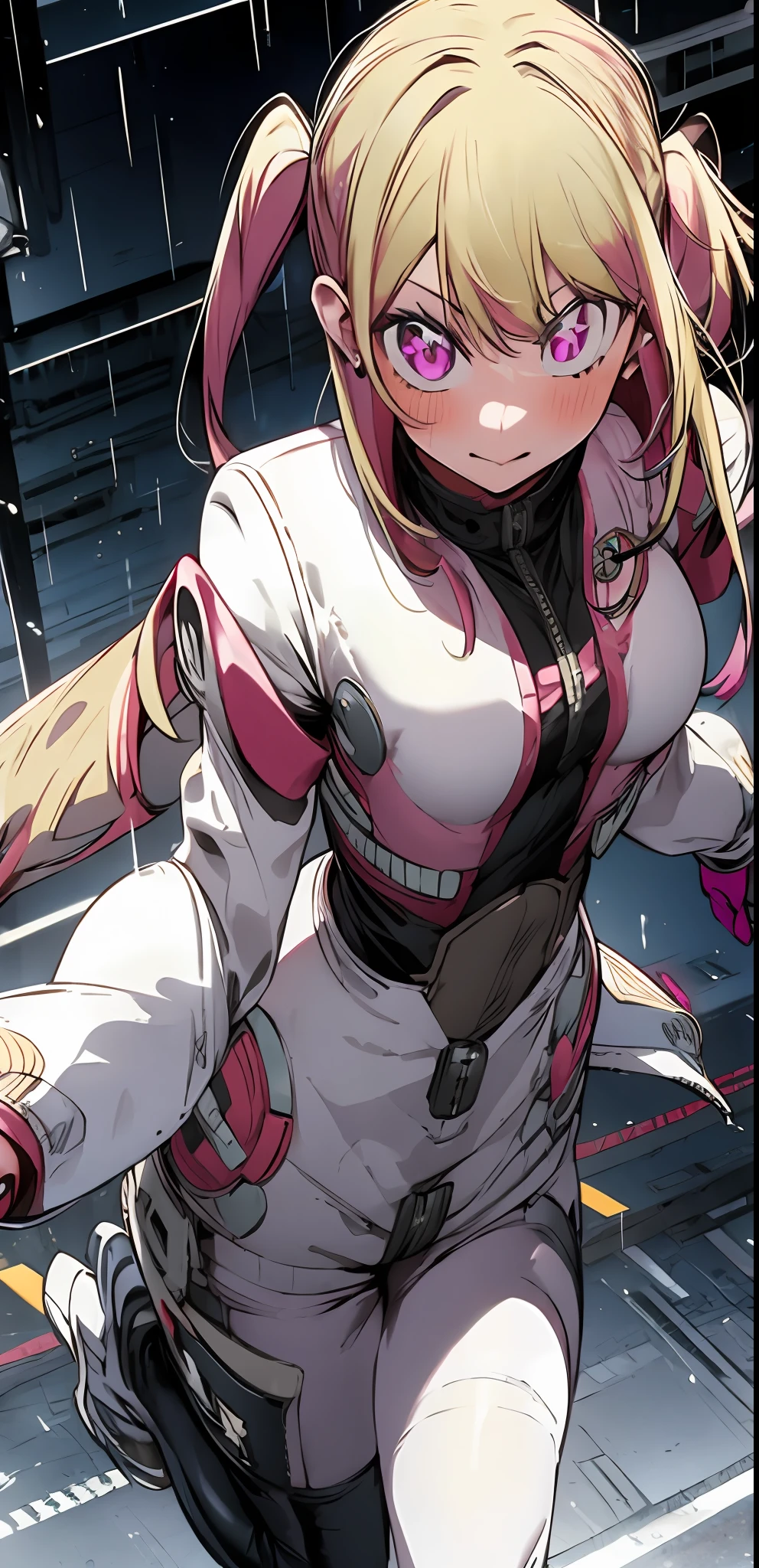 1girl, solo, my hero academia hero suit , bangs,happy,posing, multicolored hair, (masterpiece:1.2), highres, best quality, 8k, rainy city background, pink hero suit, white gloves, super hero tight suit, star-shaped pupils in left eye, blonde hair, long hair, pink eyes, blonde, bangs, posing, multicolored hair, serious