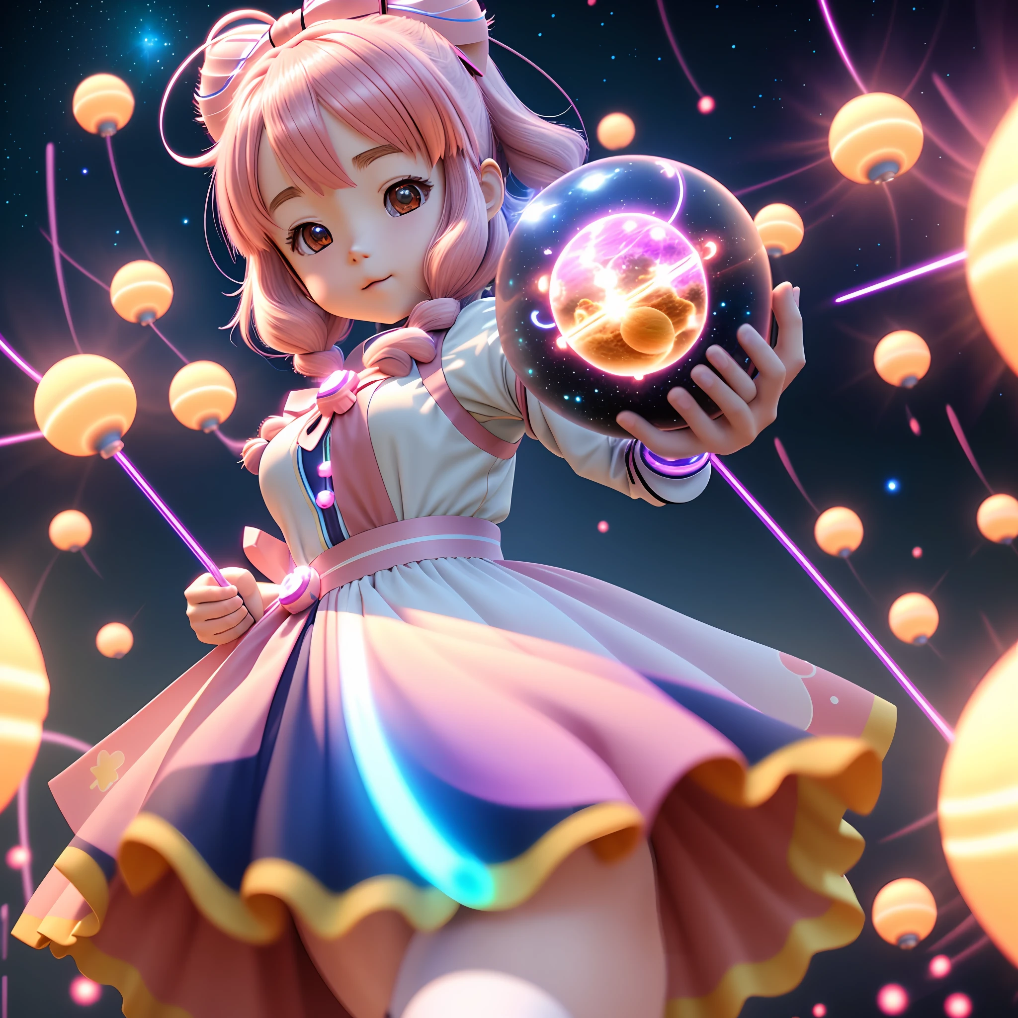anime girl with a bunch of glowing balls in her hands, anime girl with cosmic hair, little girl with magical powers, connected with glowing tubes 8 k, anime girl of the future, render of a cute 3d anime girl, anime styled 3d, anime styled digital art, advanced anime digital art, magical particles, digital anime art, 3d anime girl