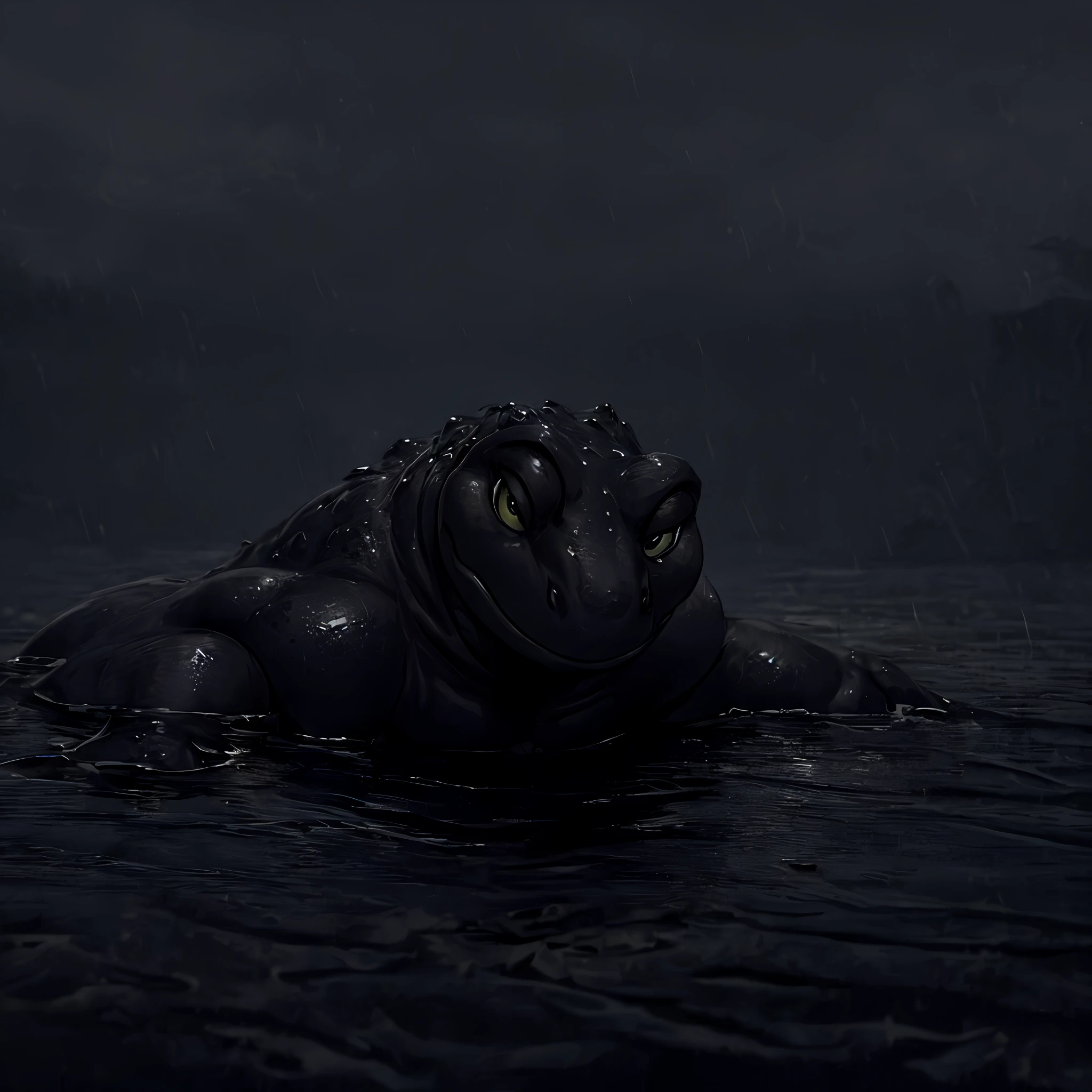 Black frog, dark colors and gloomy weather, 8k quality, cinematic focus