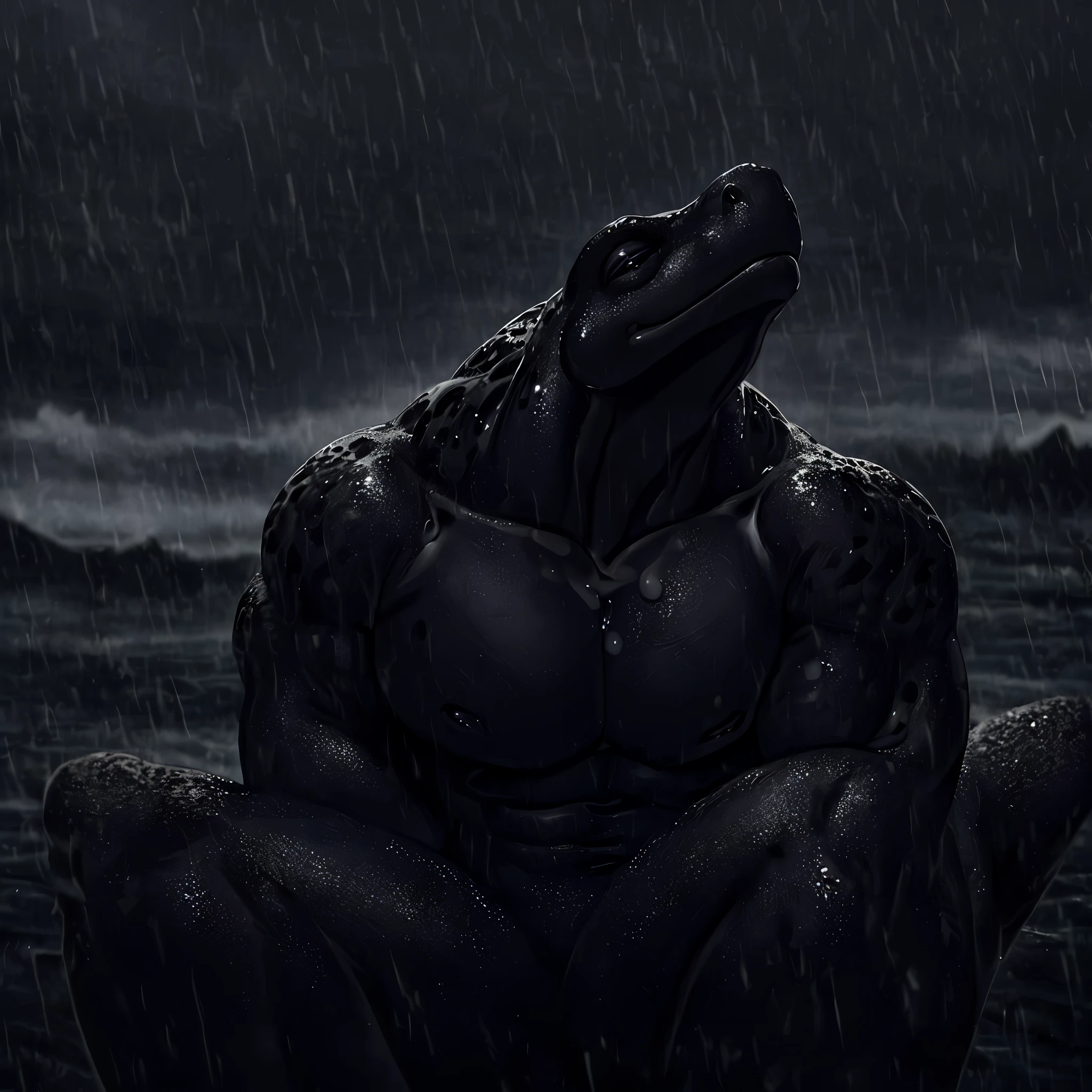 Black frog, dark colors and gloomy weather, 8k quality, cinematic focus