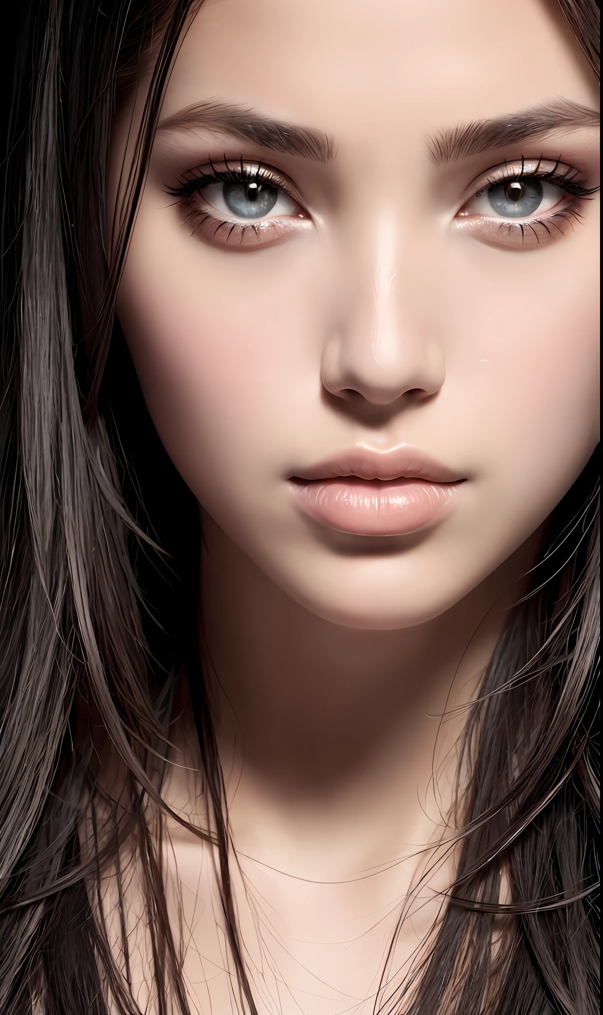 Extreme close-up. Piercing gaze. Full lips. Face of gorgeous woman. Contrast of light and dark. Dynamic angle. Studio. f/11 --ar 2:3 --q 2 --style raw