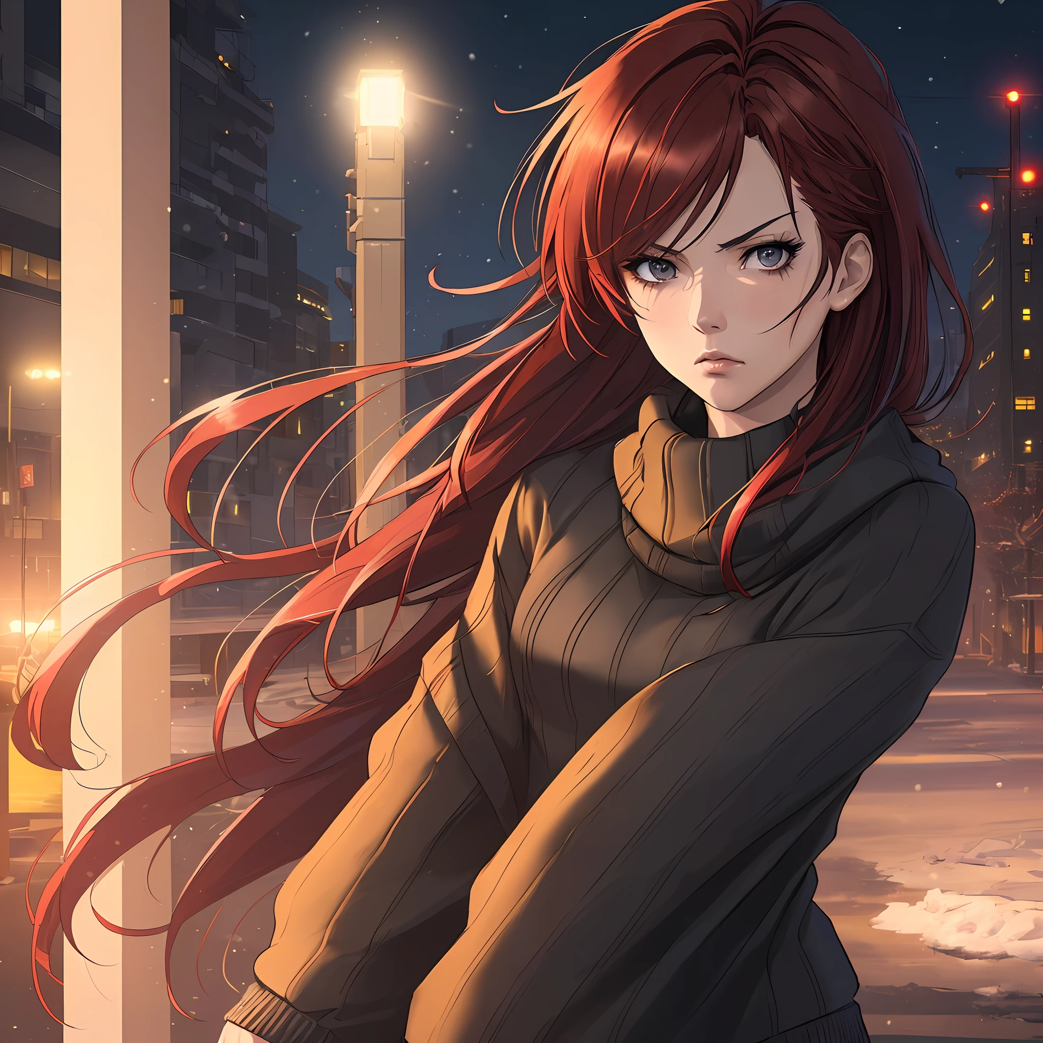 ((((dramatic))), (((gritty))), (((intense))),anime character,1girl,solo,dark red hair,tied up hairstyle,wearing long comfortable sweater,cold, winter,cloe up shot, photorealistic, hyper realistic , modern art,hair covering eye's,beautiful face, beautiful eye's, vibrant colors, night, highest quality digital art, Stunning art, wallpaper 4k,8k,64k, HD, unparalleled masterpiece, dynamic lighting, cinematic, epic