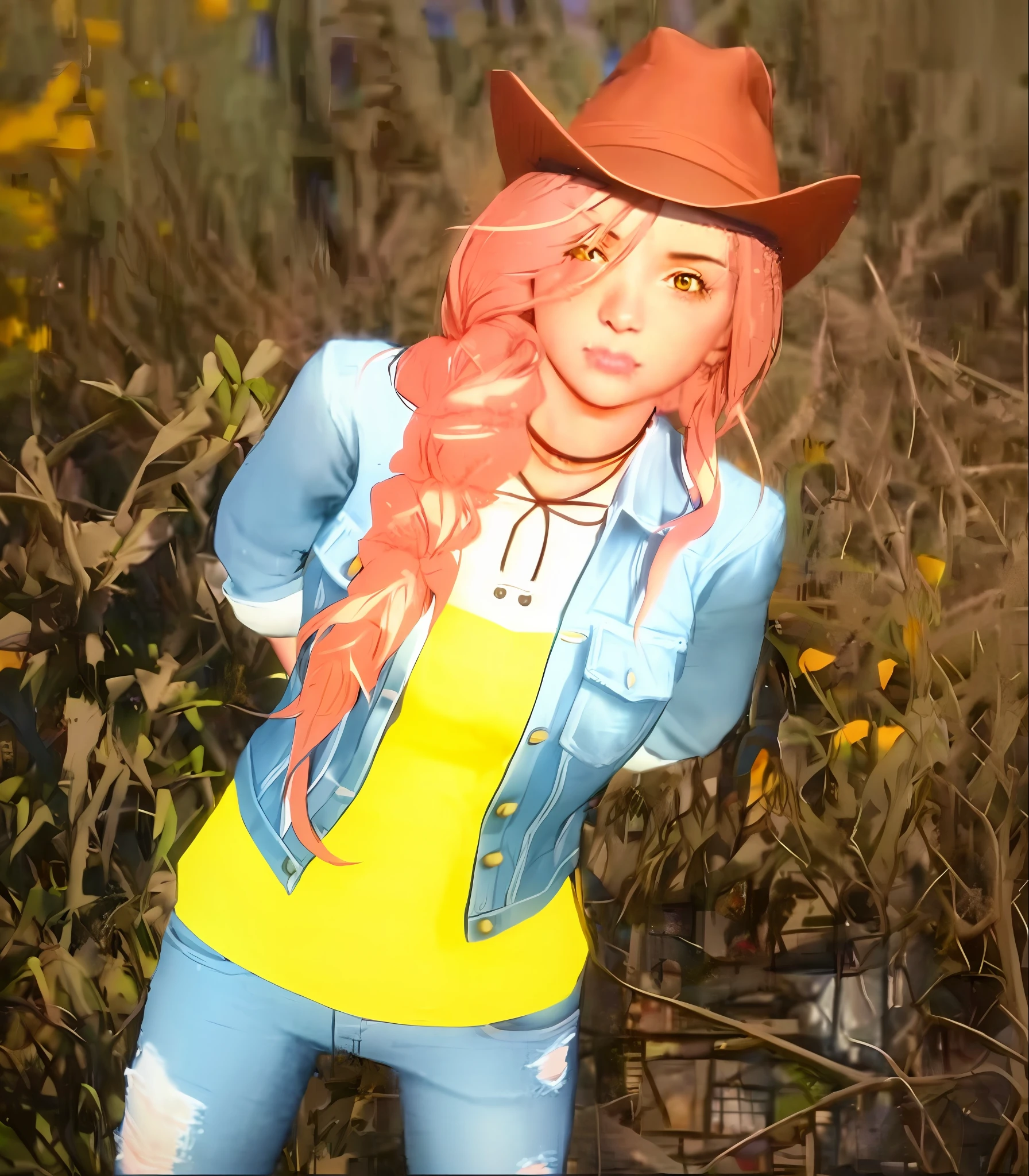 Teenage girl, jeans clothes, denim jacket, jeans, a yellow blouse, wearing cowgirl hat, pink long ponytail hair, country style, anime style