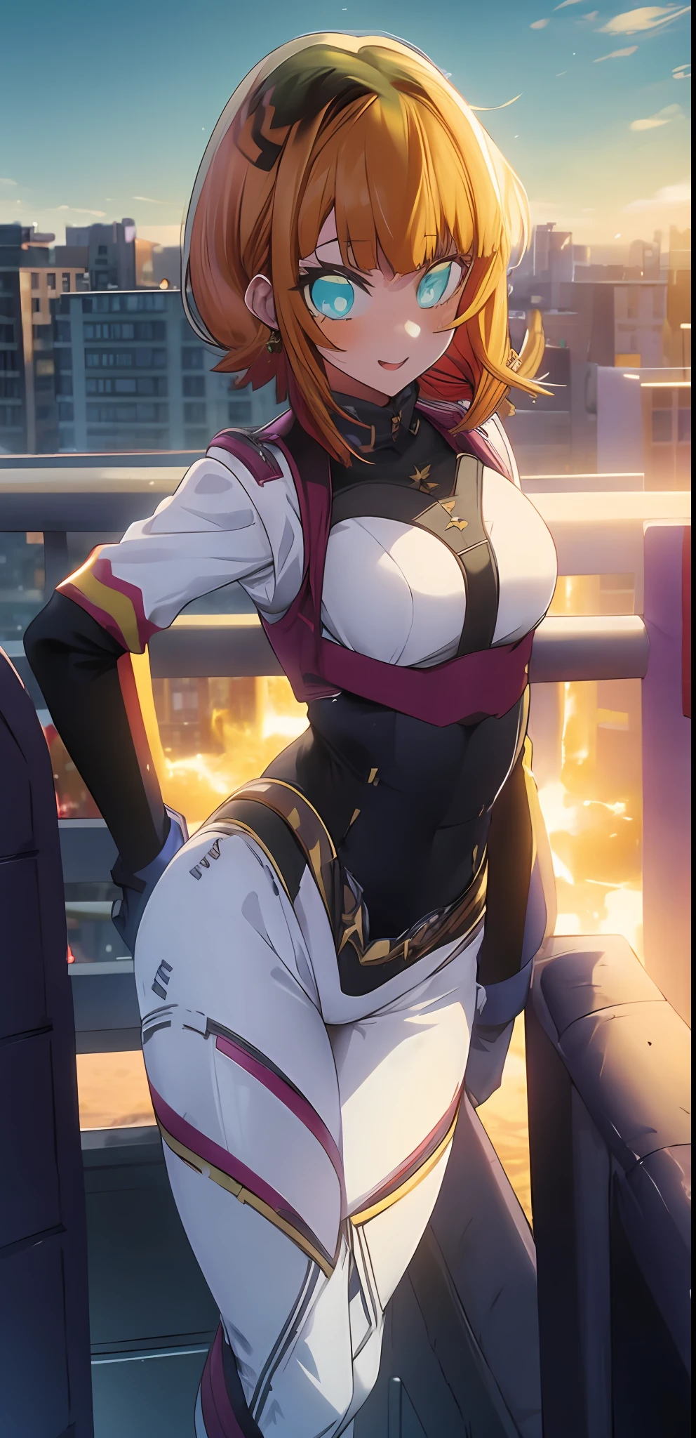 1girl, solo, my hero academia hero suit , bangs,happy,posing, multicolored hair, (masterpiece:1.2), highres, best quality, 8k, sunset city background, yellow hero suit, white gloves, super hero tight suit