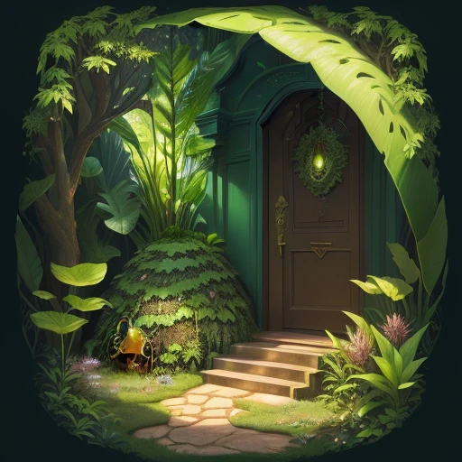 Anthill with front door, Ants, shiny green atlas beetles, forest floor, monstera plants, fantasy