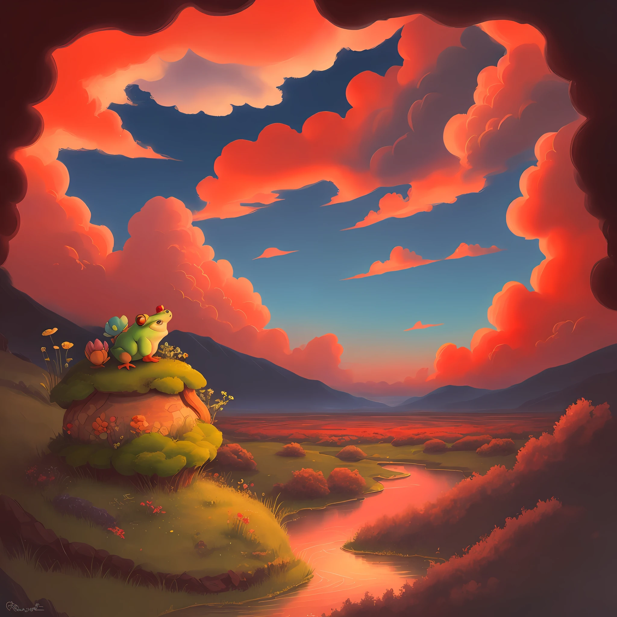 toad, flute, red clouds
