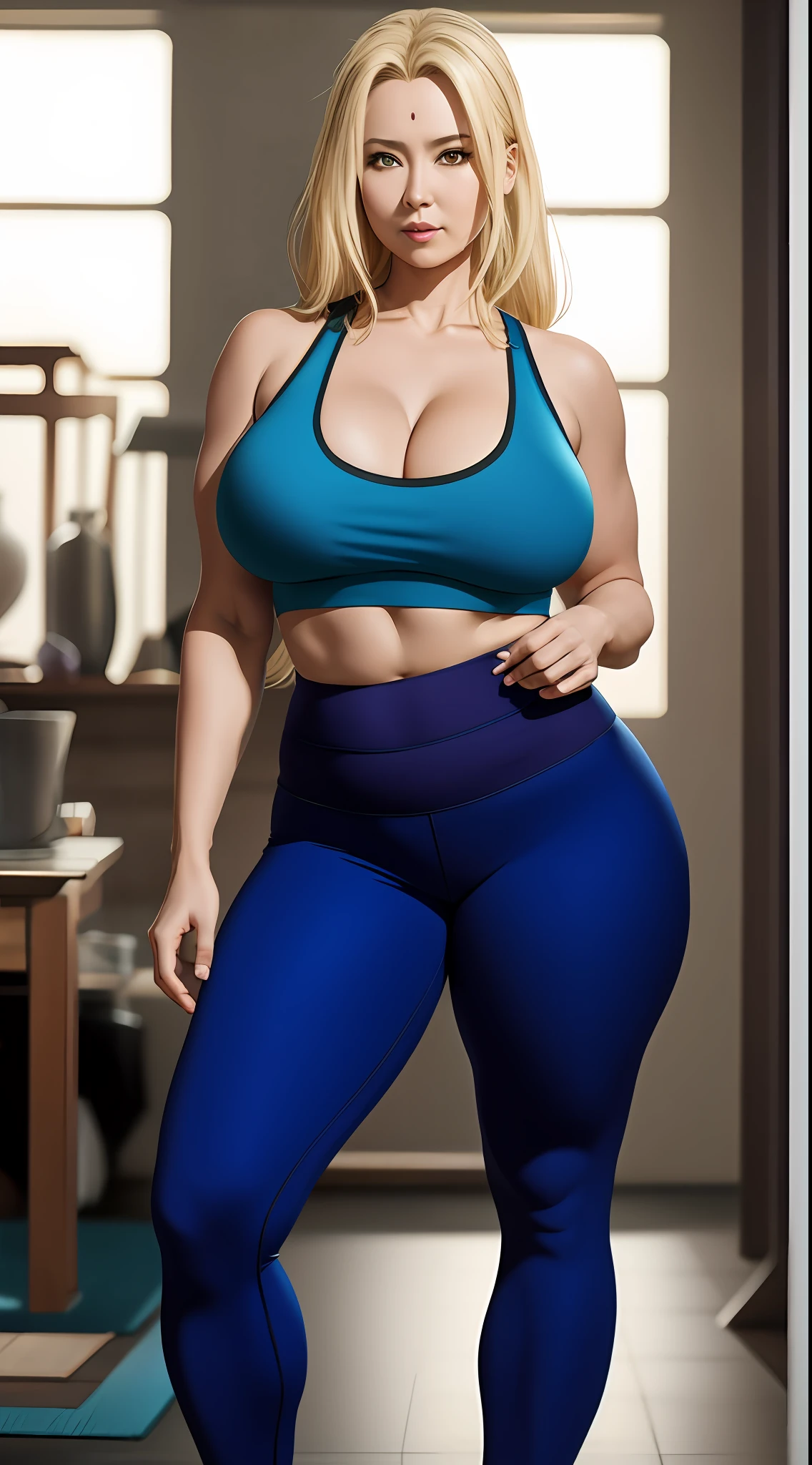 tsunade, 1girl, solo, blonde hair, long hair, brown eyes, mature female, facial mark, forehead mark, wearing tight yoga pants, and tank top, curvy female figure, mature female in her mid 40s, blue forehead mark, exposed belly, wide navel, chubby belly