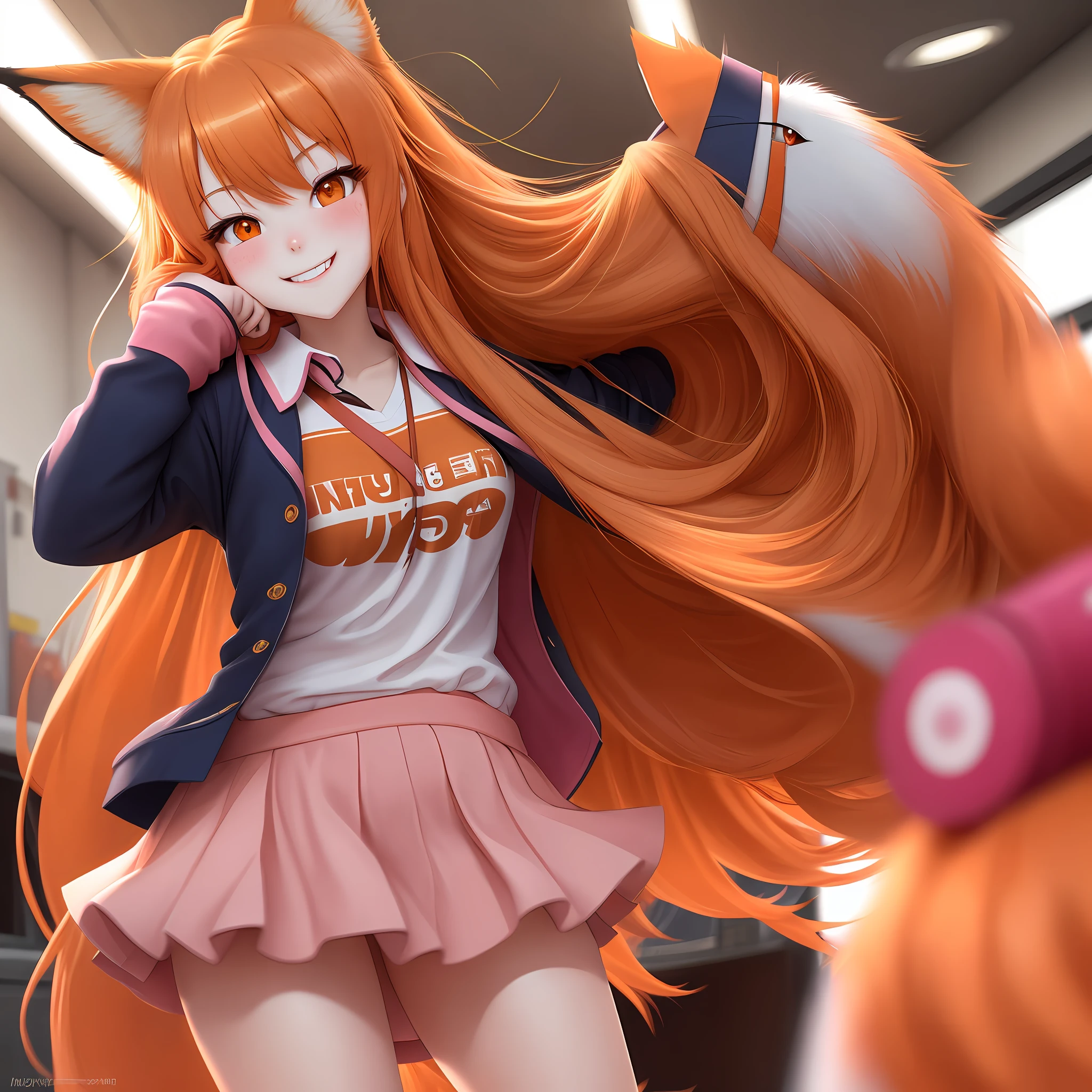Fox girl, long hair, orange hair, pink eye, high school unifermo, happy,