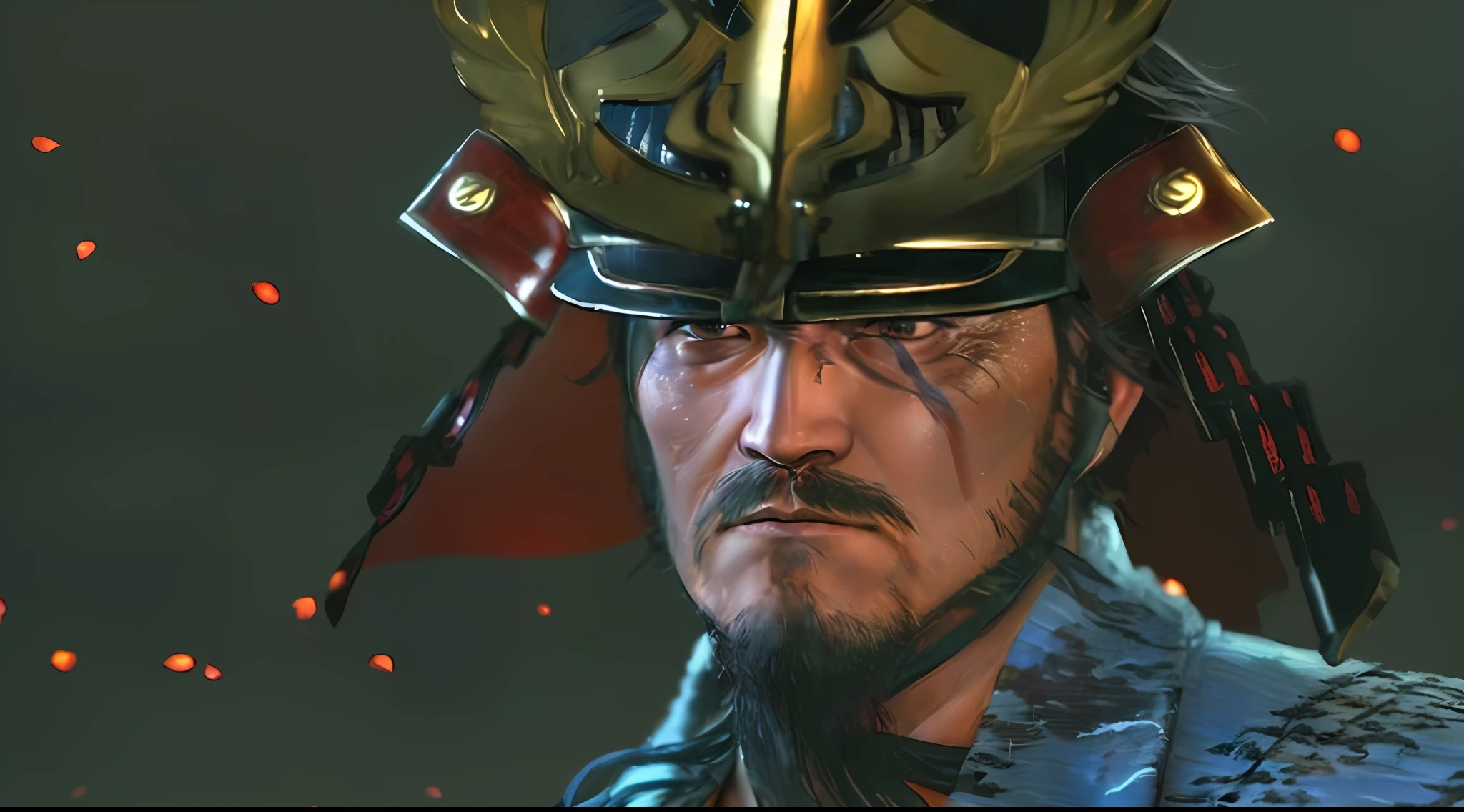 (masterpiece), (best quality), (best quality), masterpiece, (ultra-detailed illustration), (an extremely detailed and beautiful 8k wallpaper, extremely detailed, CG, unit, 8k, amazing, fine details, 8k wallpaper extremely detailed CG unit), huge file size, (ultra high resolution), high resolution, ((extremely detailed eyes and face)), beautiful detailed eyes, extremely detailed face, perfect lighting, light on the face, cold lighting, natural colors, ((old samurai Isshin Ashina)), serious face, black beard, (closed left eye with a scar), ((colored)), (blue clothing), samurai helmet, high contrast