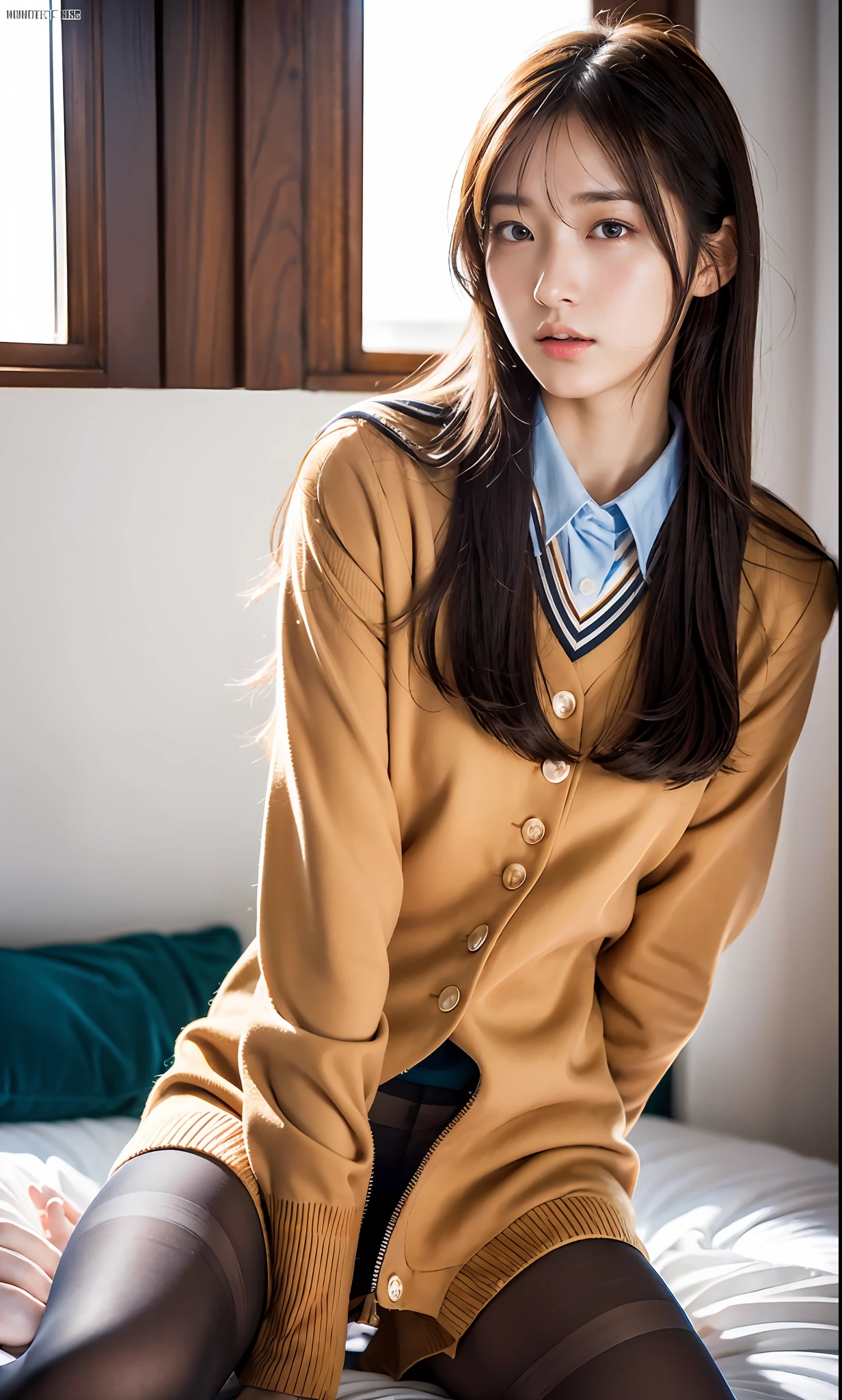 ulzzang-6500-v1.1, (raw photo:1.2), (photorealistic:1.4), beautiful detailed girl, very detailed eyes and face, beautiful detailed eyes, ridiculous, incredibly ridiculous, huge file size, super detailed, high resolution, very detailed, best quality, masterpiece, kemomimi, ((Japanese girls' high school uniform)), illustration, very detailed, CG, unified, 8k wallpaper, amazing, Fine details, masterpiece, best quality, very detailed CG uniform 8k wallpaper, light on face, cinematic lighting, 1girl, 16 years old, ((no panties)), ((dynamic pose))), (camel toe), (half), (pantyhose), (knee-bending leg sitting))