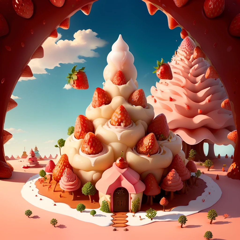 anthill with cute upside down dripping strawberry ice cream cone with cherry with an entrance for ants