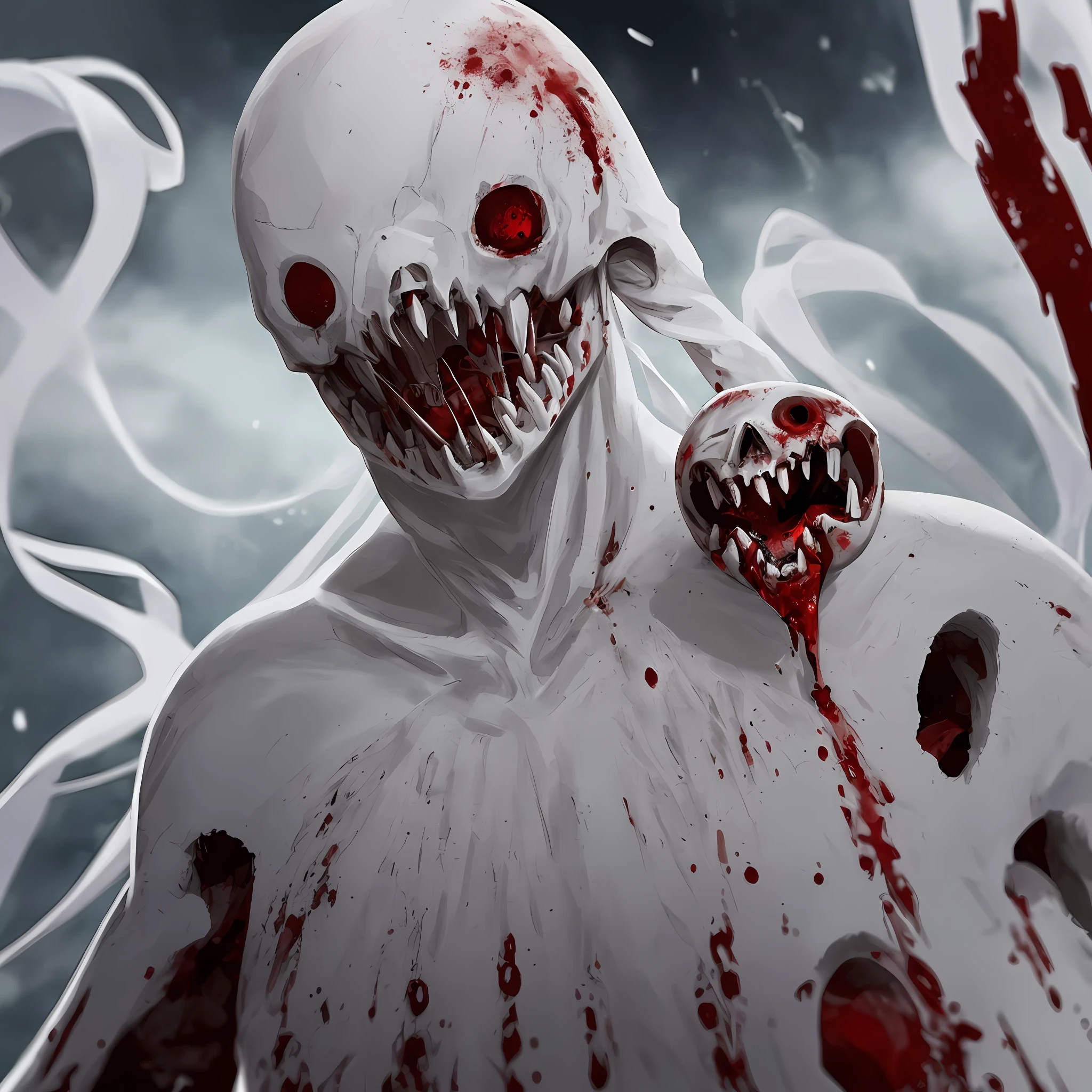 Bloody Moon. Humanoid with white skin, long arms, absence of eyes, macabre teeth. Dark. Bloody.