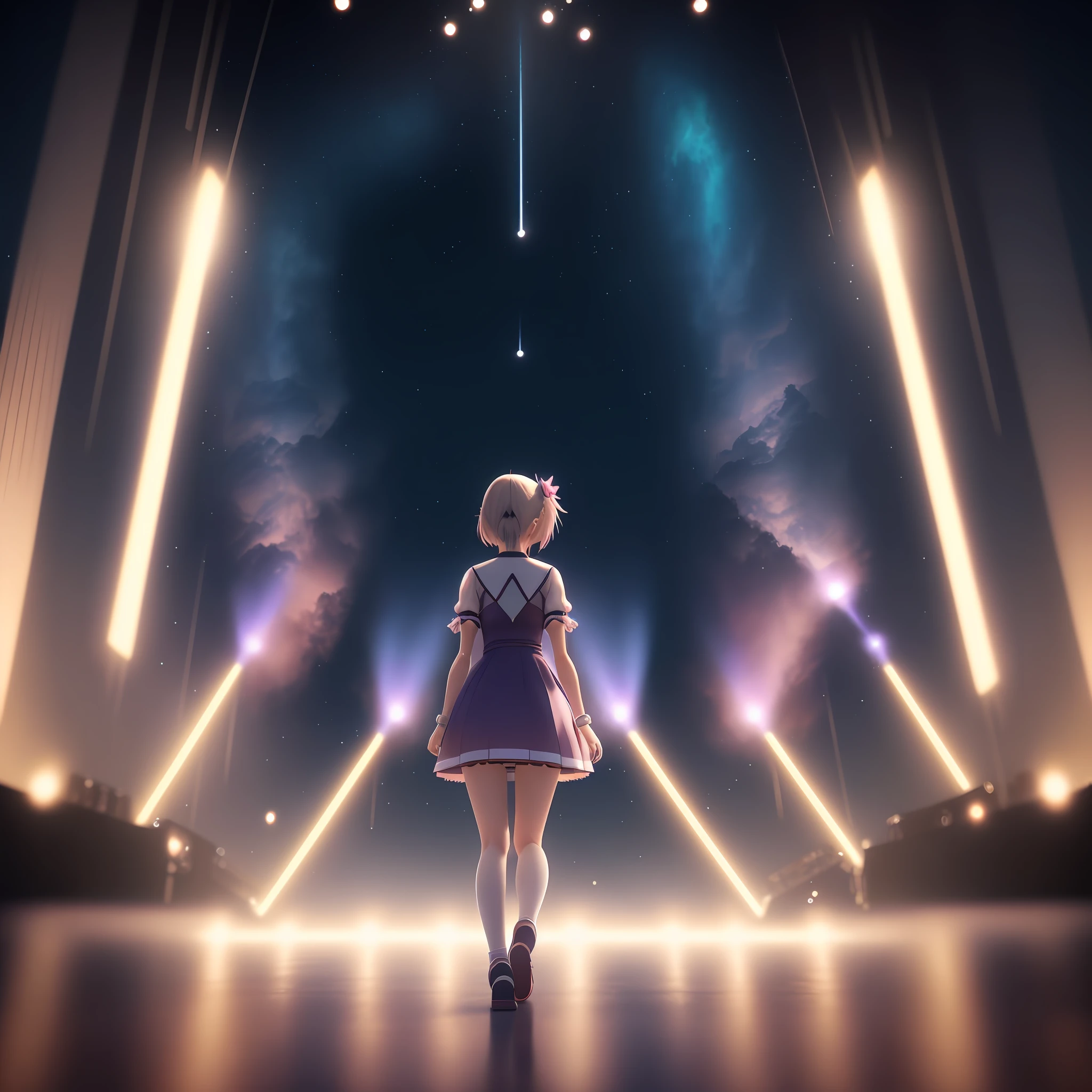 anime girl in a short dress standing in front of a stage, a 3D render inspired by Inoue Naohisa, trending on cg society, magical realism, anime lighting, render of a cute 3d anime girl, anime styled 3d, best anime 4k konachan wallpaper, anime style. 8k, 3d anime girl, portrait of magical girl