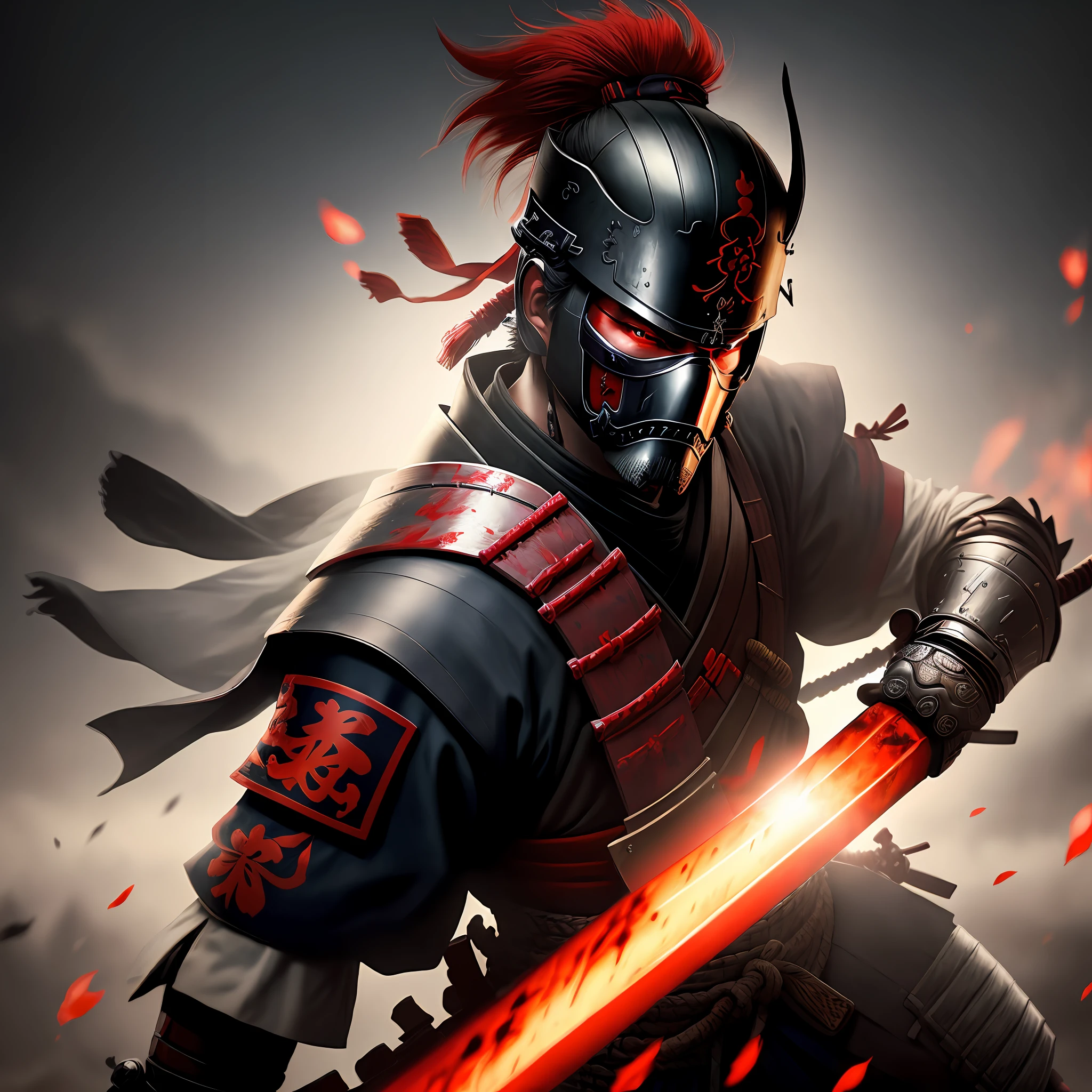 Samurai with sword in hand, mask, battlefield, blood, 8k quality, cinematic focus, vivid colors