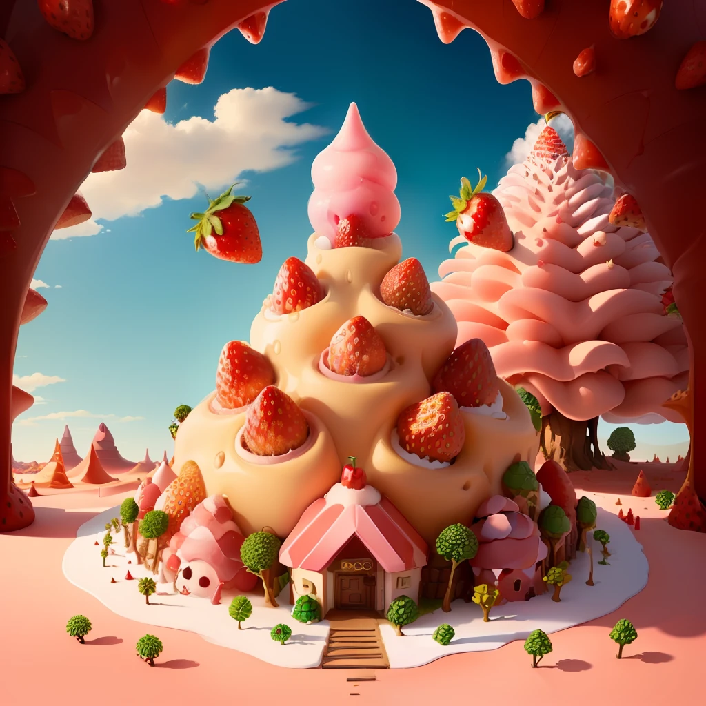 anthill with cute upside down dripping strawberry ice cream cone with cherry with an entrance for ants