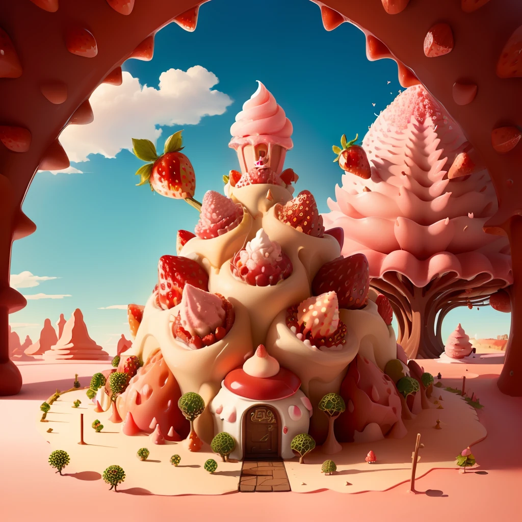 anthill with cute upside down dripping strawberry ice cream cone with cherry with an entrance for ants